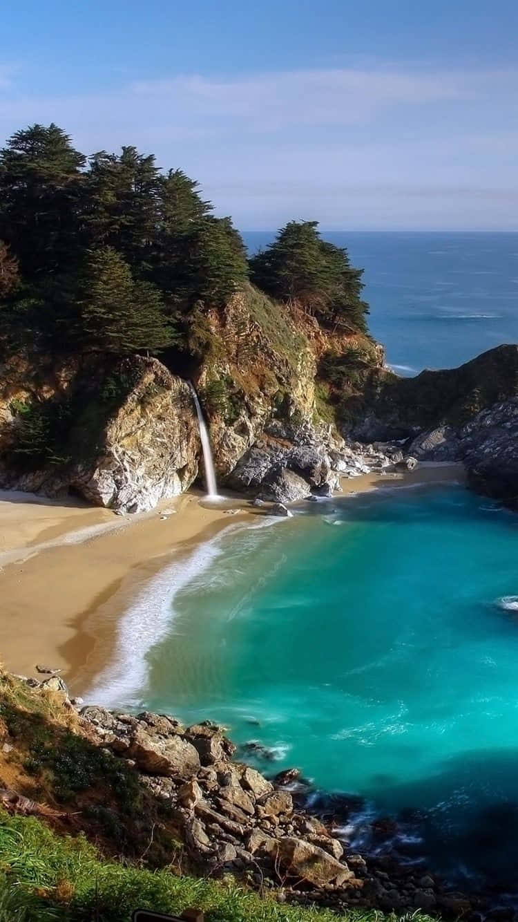 iPhone Waterfall, coastal cove, turquoise waters, HD Phone Wallpaper