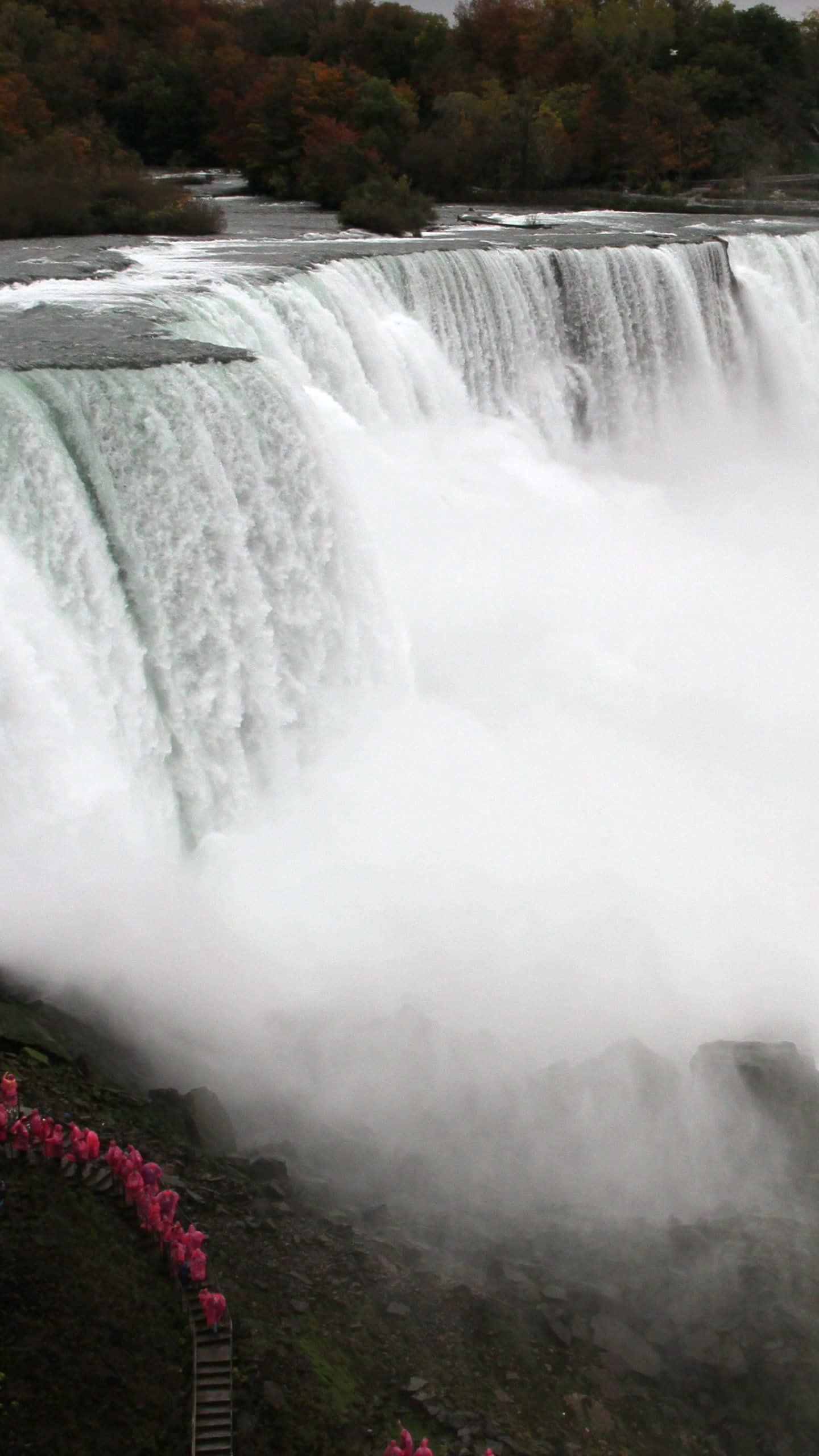 iPhone Waterfall, autumn trees, misty gorge, 2K Phone Wallpaper