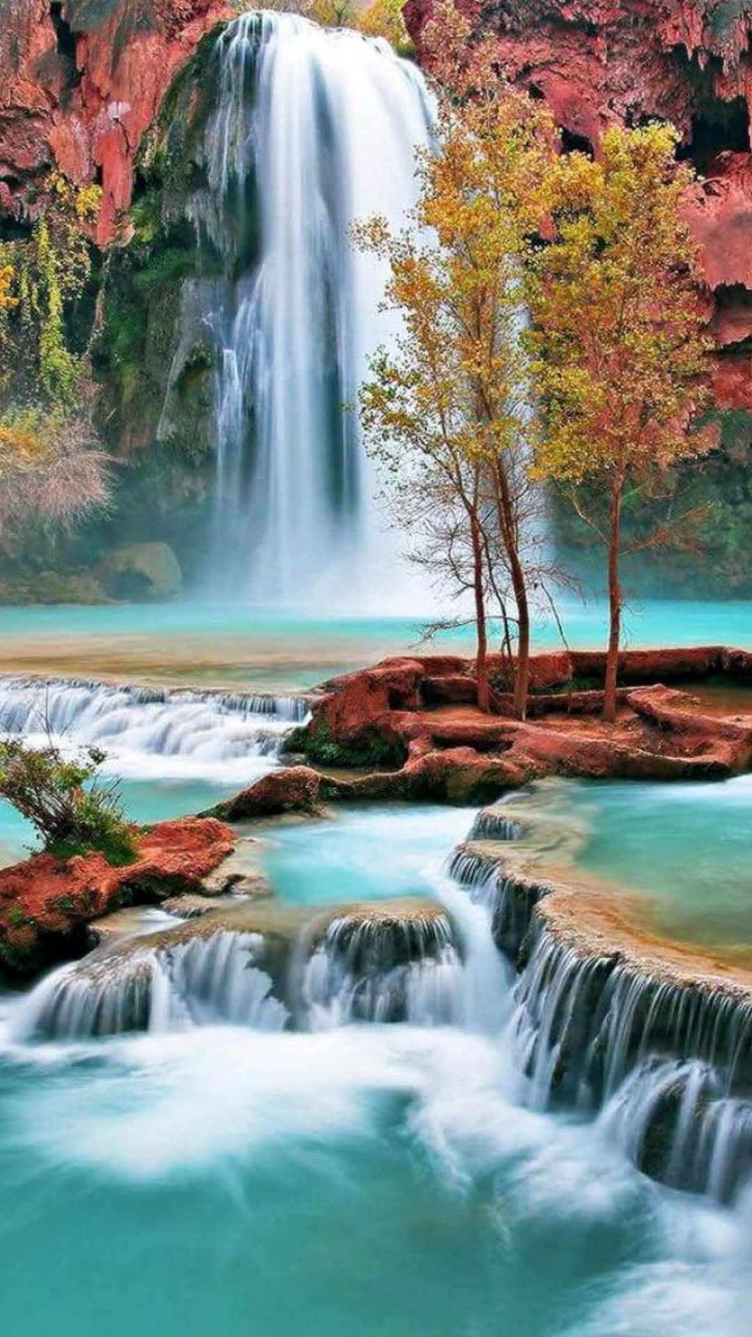 iPhone Waterfall, turquoise pools, red rock, Full HD Phone Wallpaper