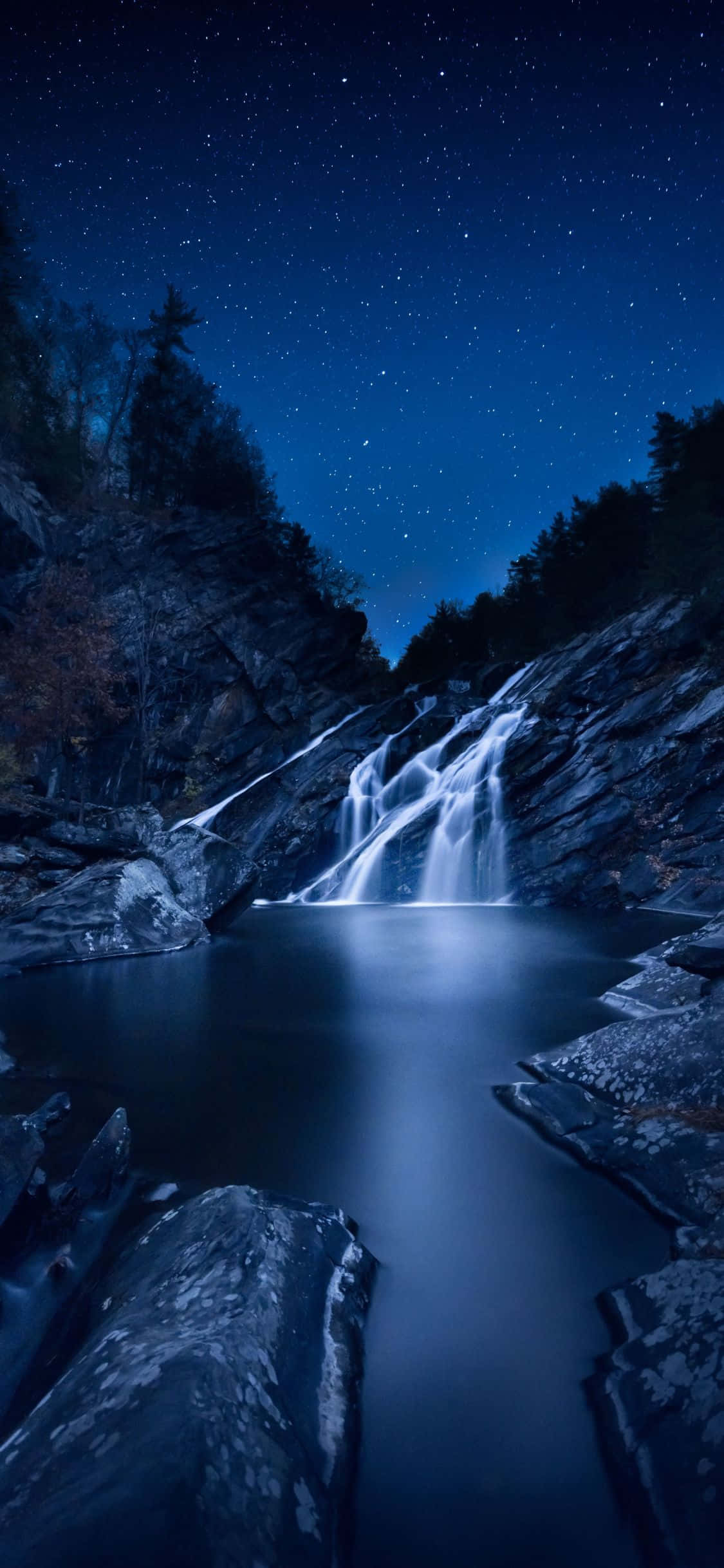 iPhone, starry night sky, cascading waterfall, Full HD Phone Wallpaper