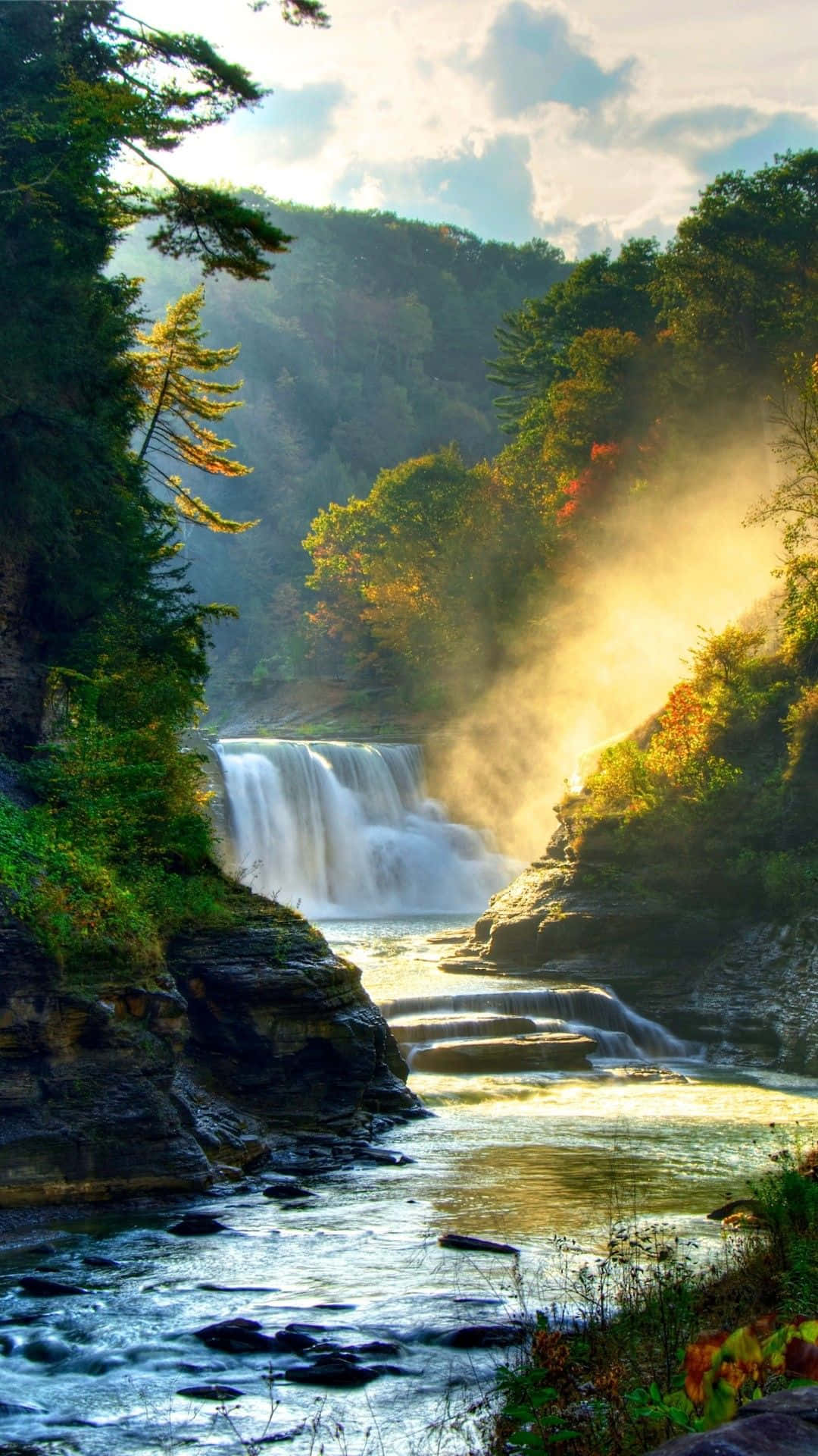 iPhone Waterfall, sunlight beams, autumn trees, Full HD Phone Wallpaper