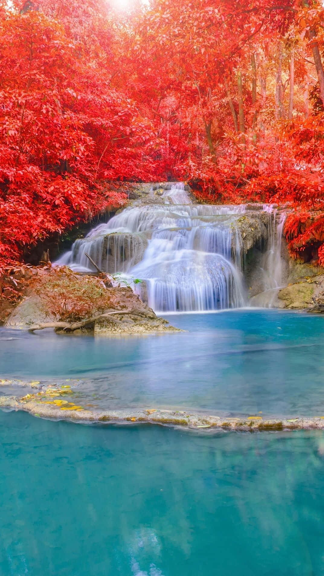 iPhone Waterfall, autumn waterfall, fiery red foliage, HD Phone Wallpaper