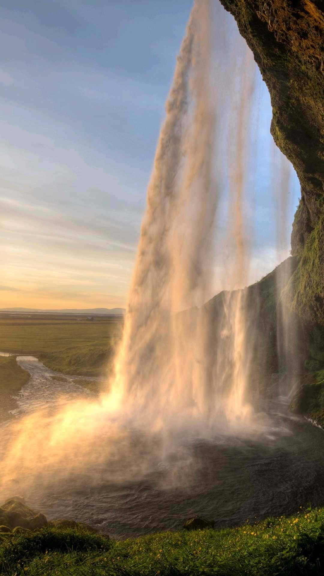 iPhone, waterfall, golden hour, Full HD Phone Wallpaper