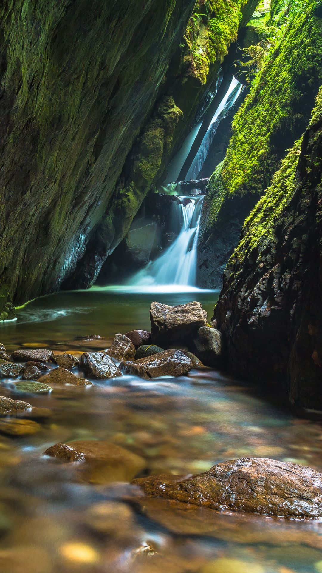 iPhone, waterfall, mossy rocky gorge, Full HD Phone Wallpaper