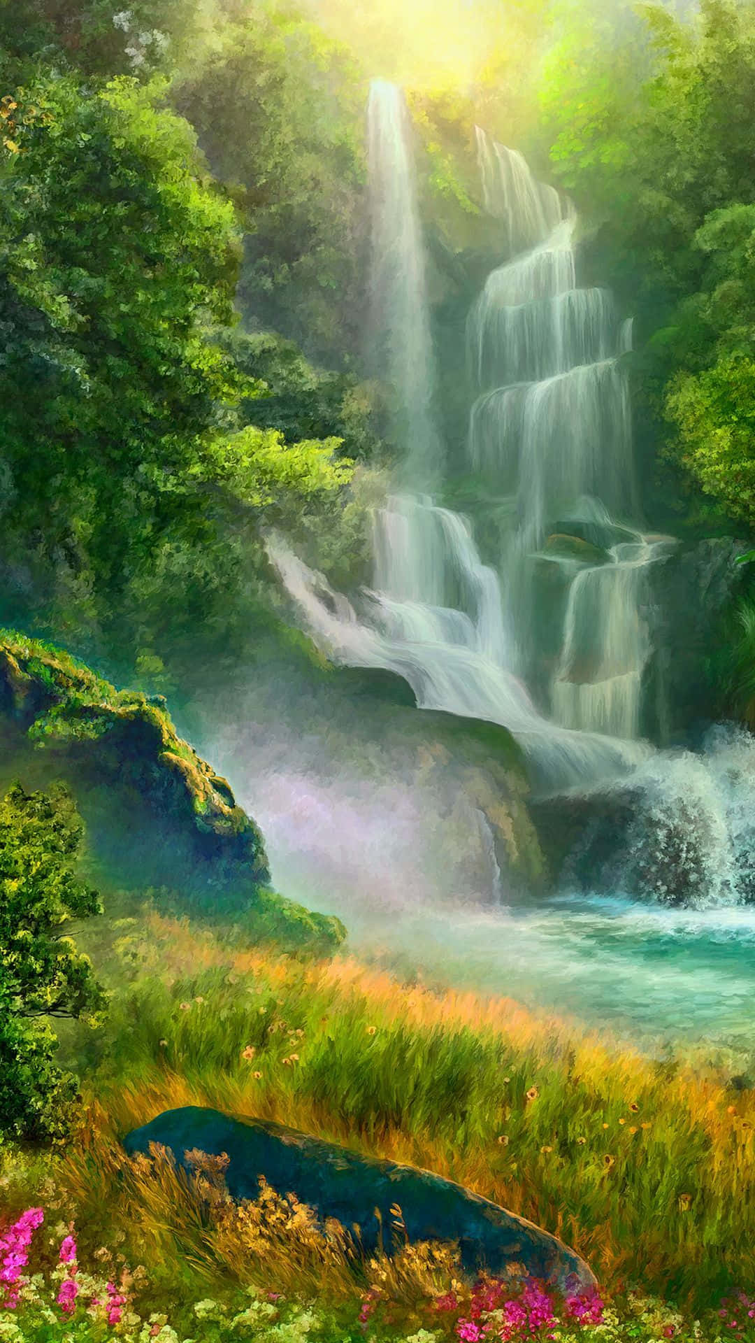 iPhone Waterfall, luminous waterfall, lush green forest, Full HD Phone Wallpaper