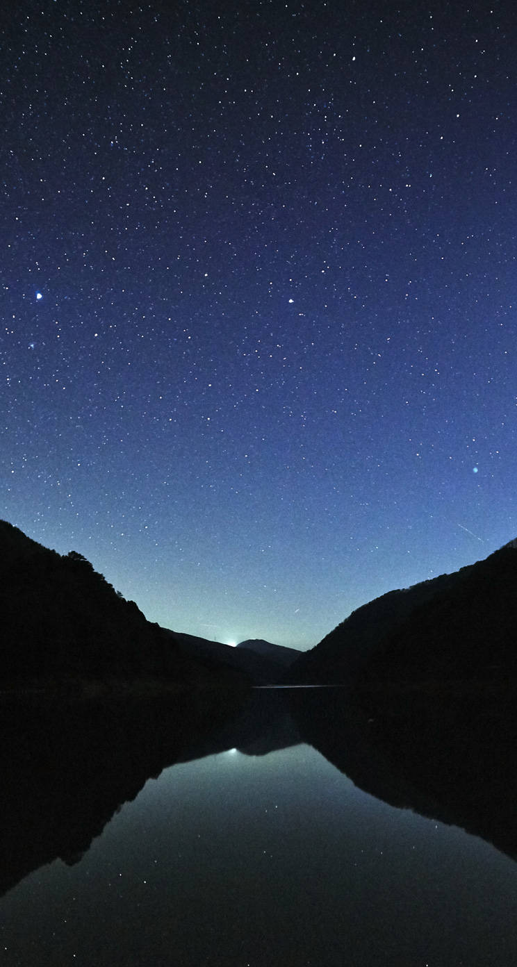 starry night sky, calm mountain lake, dark silhouetted hills, HD Phone Wallpaper