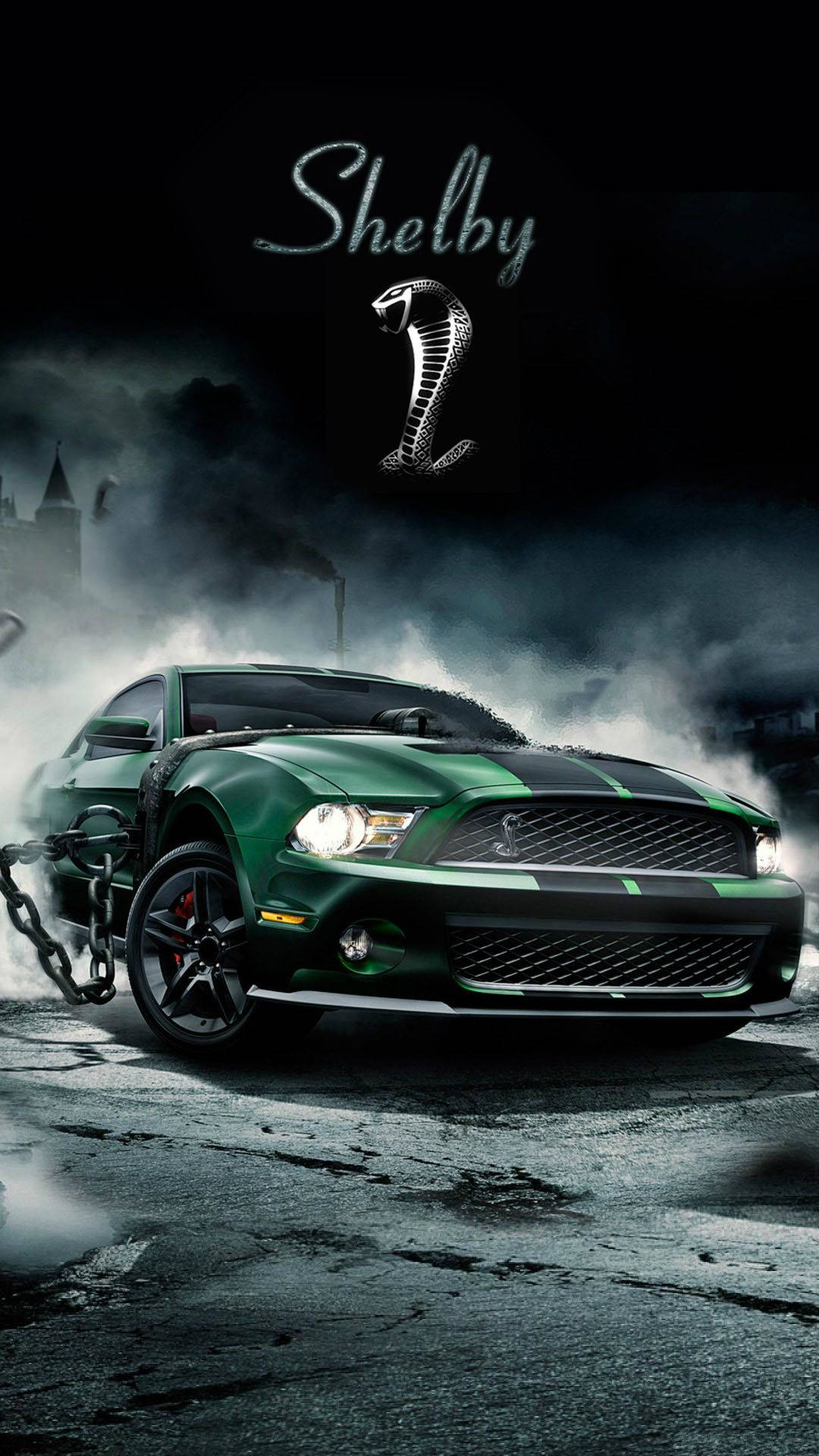iPhone X Car, green Shelby Mustang, glowing headlights, Full HD Phone Wallpaper