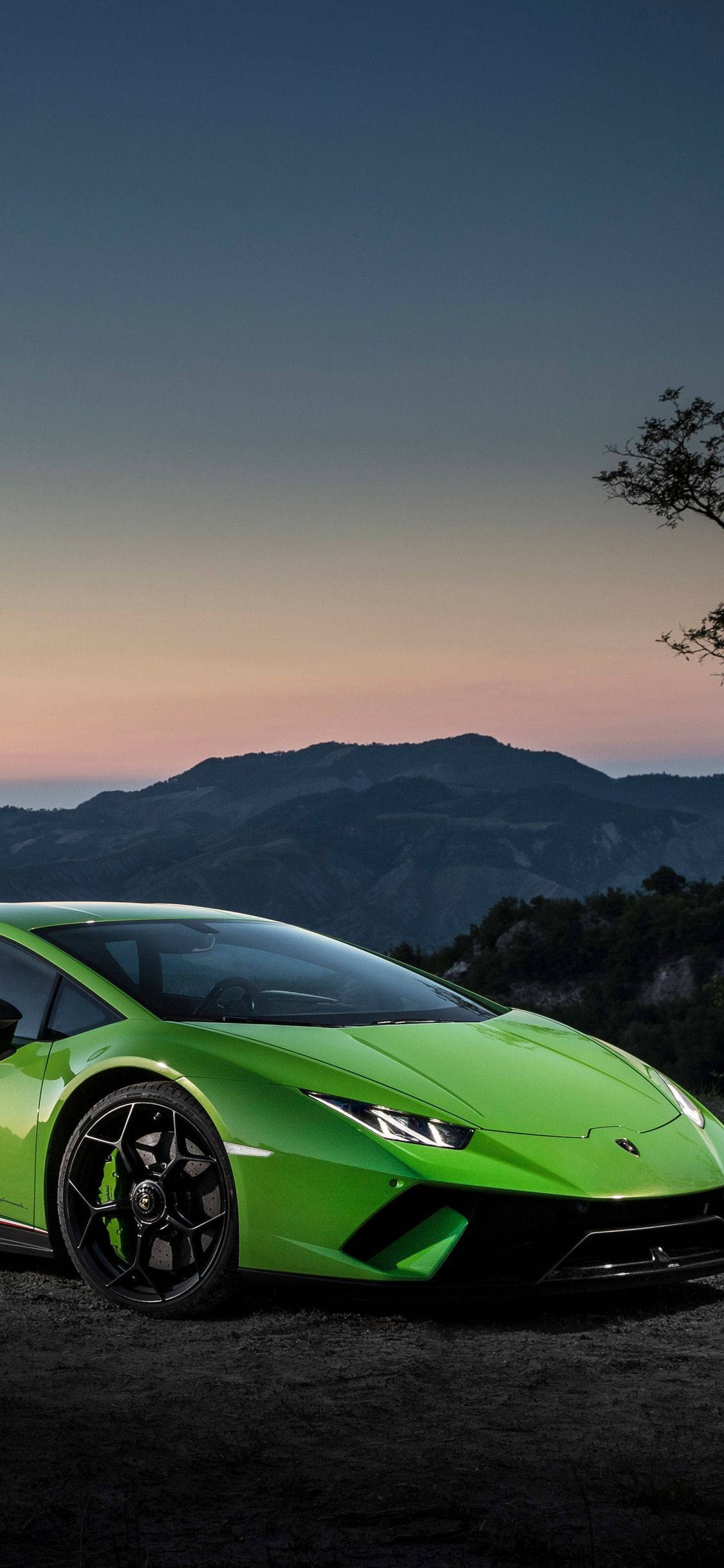 iPhone X Car, green Lamborghini Huracan, mountain road, Full HD Phone Wallpaper