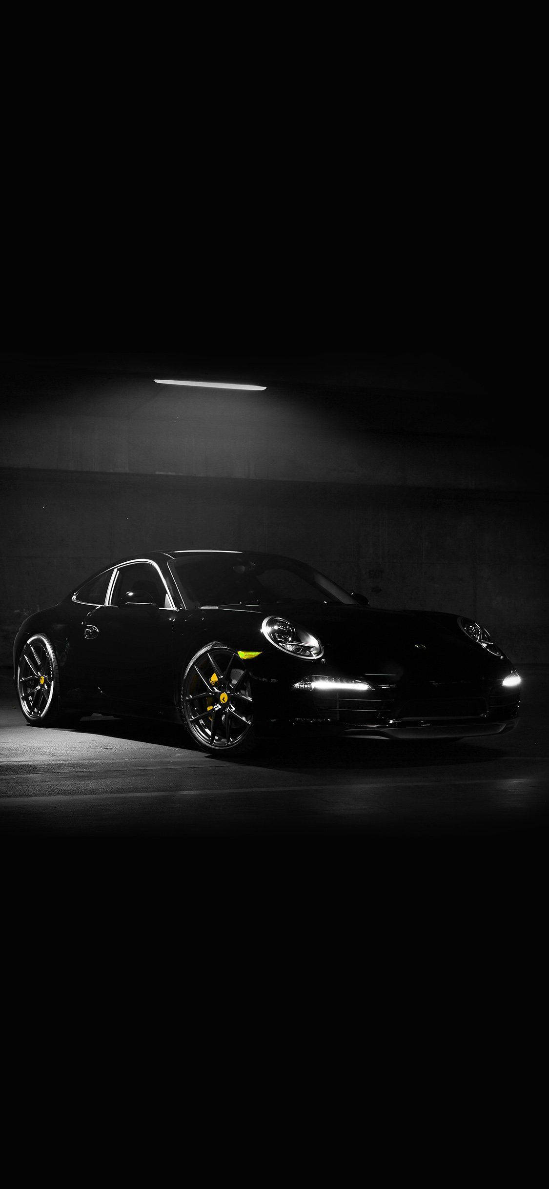iPhone X Car, black Porsche 911 coupe, overhead light, Full HD Phone Wallpaper