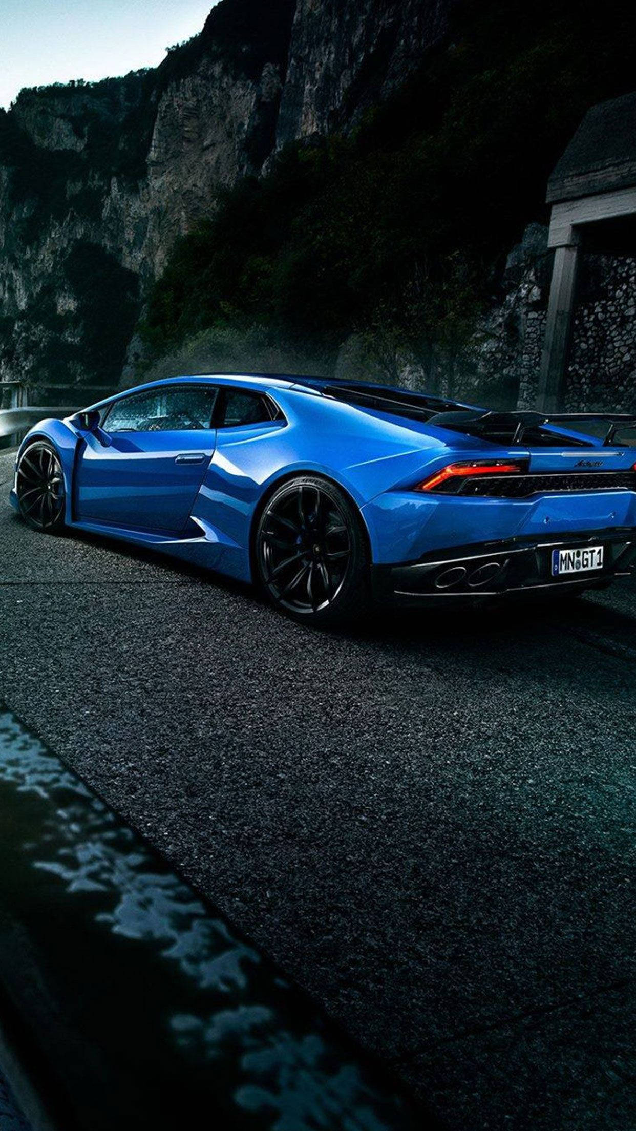 iPhone X Car, blue Lamborghini Huracán, wet mountain road, Full HD Phone Wallpaper