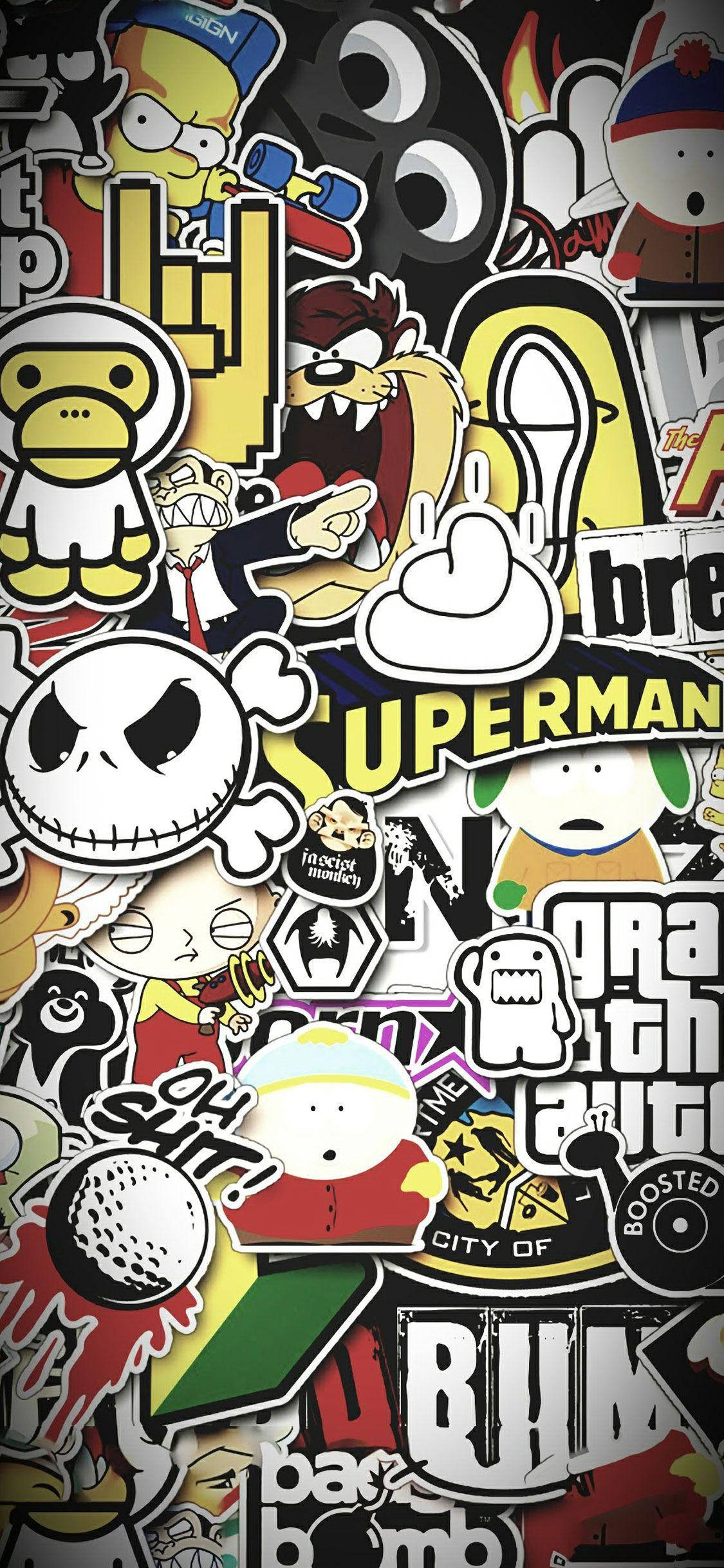 iPhone X, cartoon, pop culture stickers, Full HD Phone Wallpaper