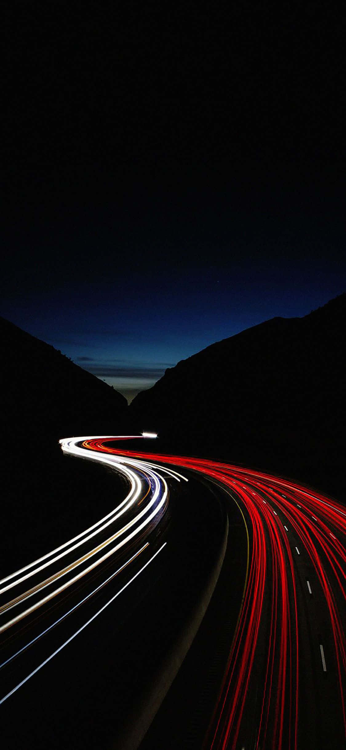 iPhone X OLED, red and white car lights, winding mountain road, Full HD Phone Wallpaper