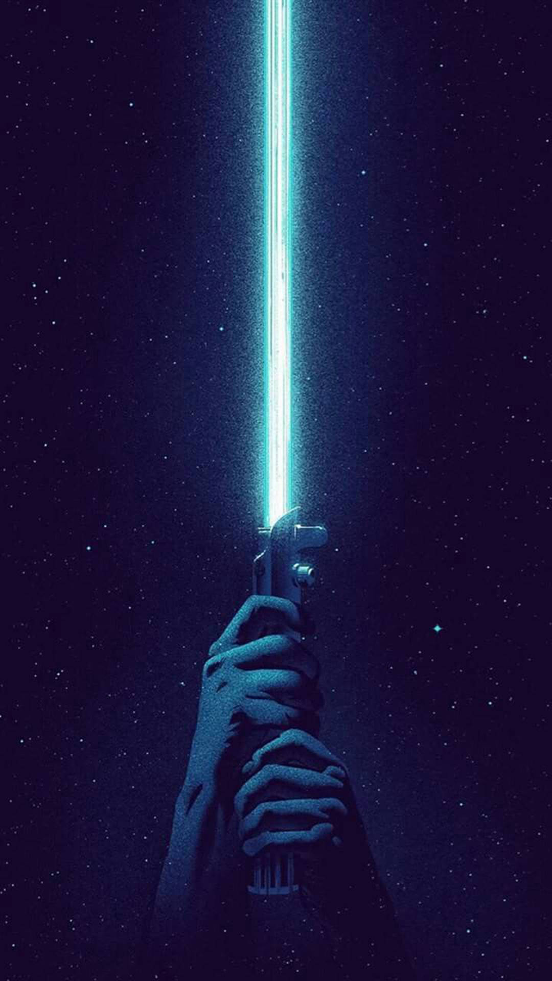 iPhone Xr, glowing blue lightsaber, starry cosmic backdrop, Full HD Phone Wallpaper