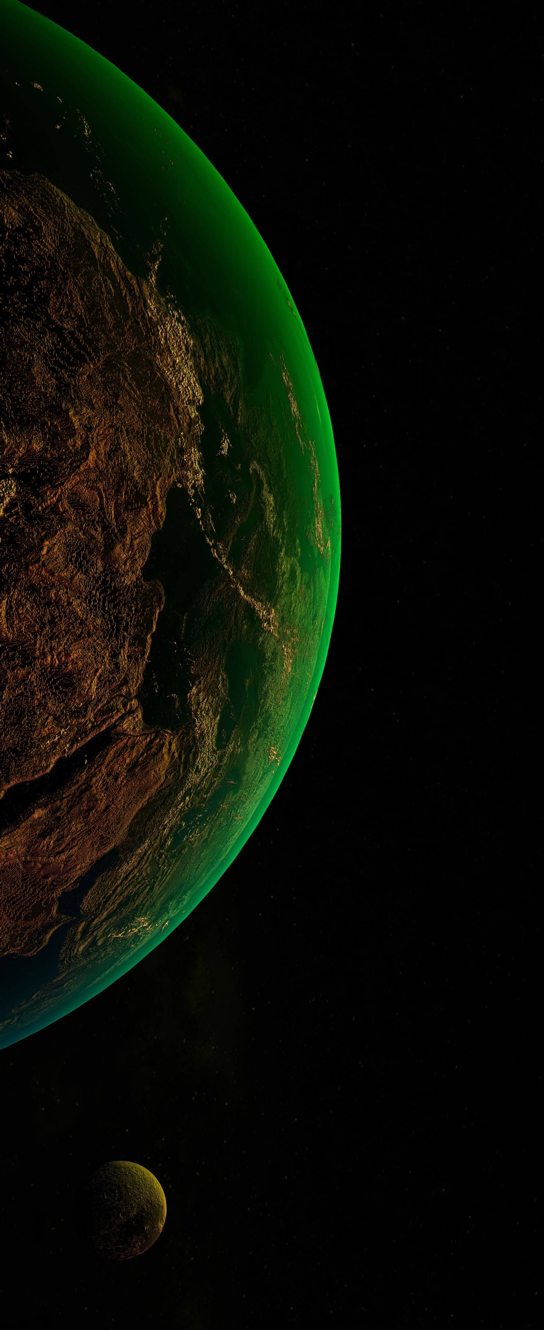 iPhone Xs, green planet, rugged brown terrain, 4K Phone Wallpaper