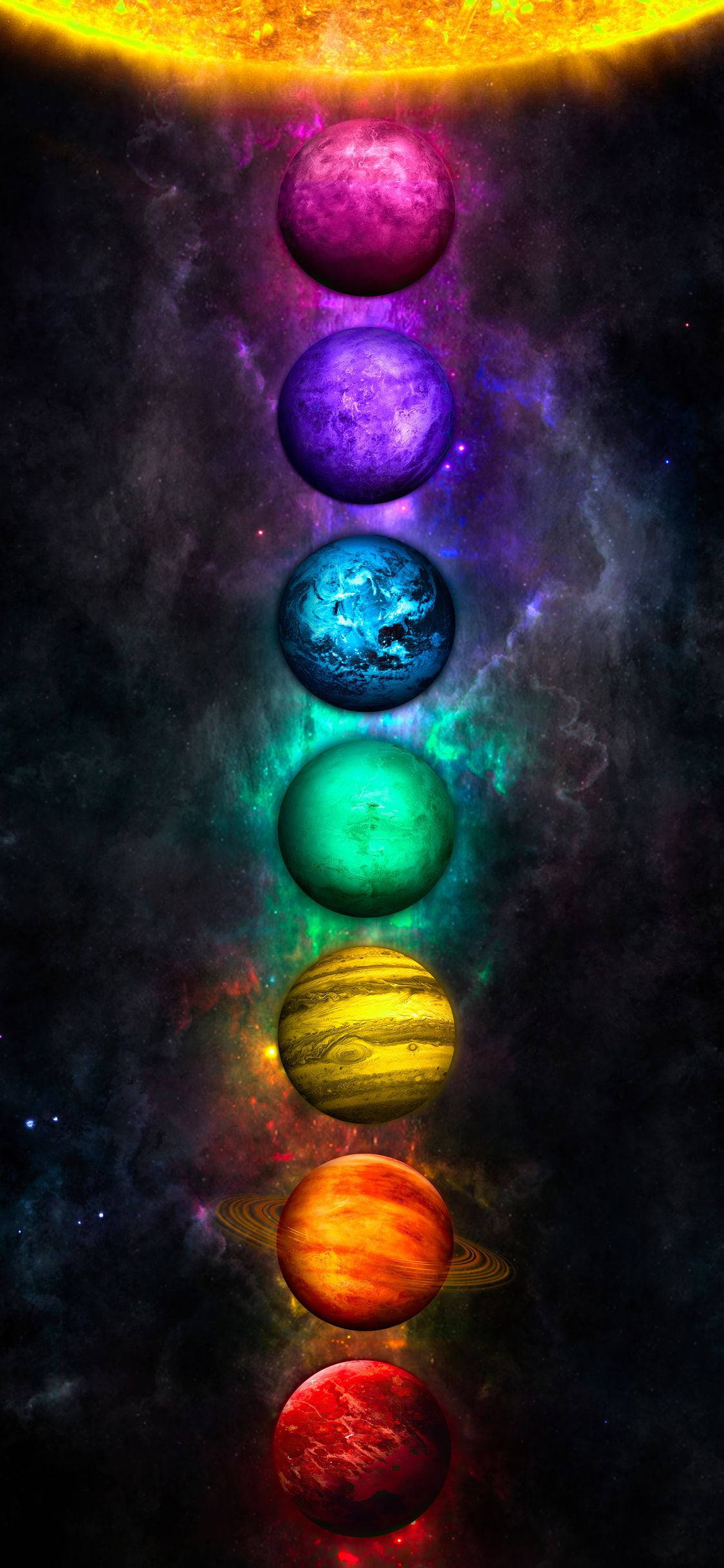 iPhone Xs Planet, seven vibrantly colored planets, cosmic nebula backdrop, Full HD Phone Wallpaper
