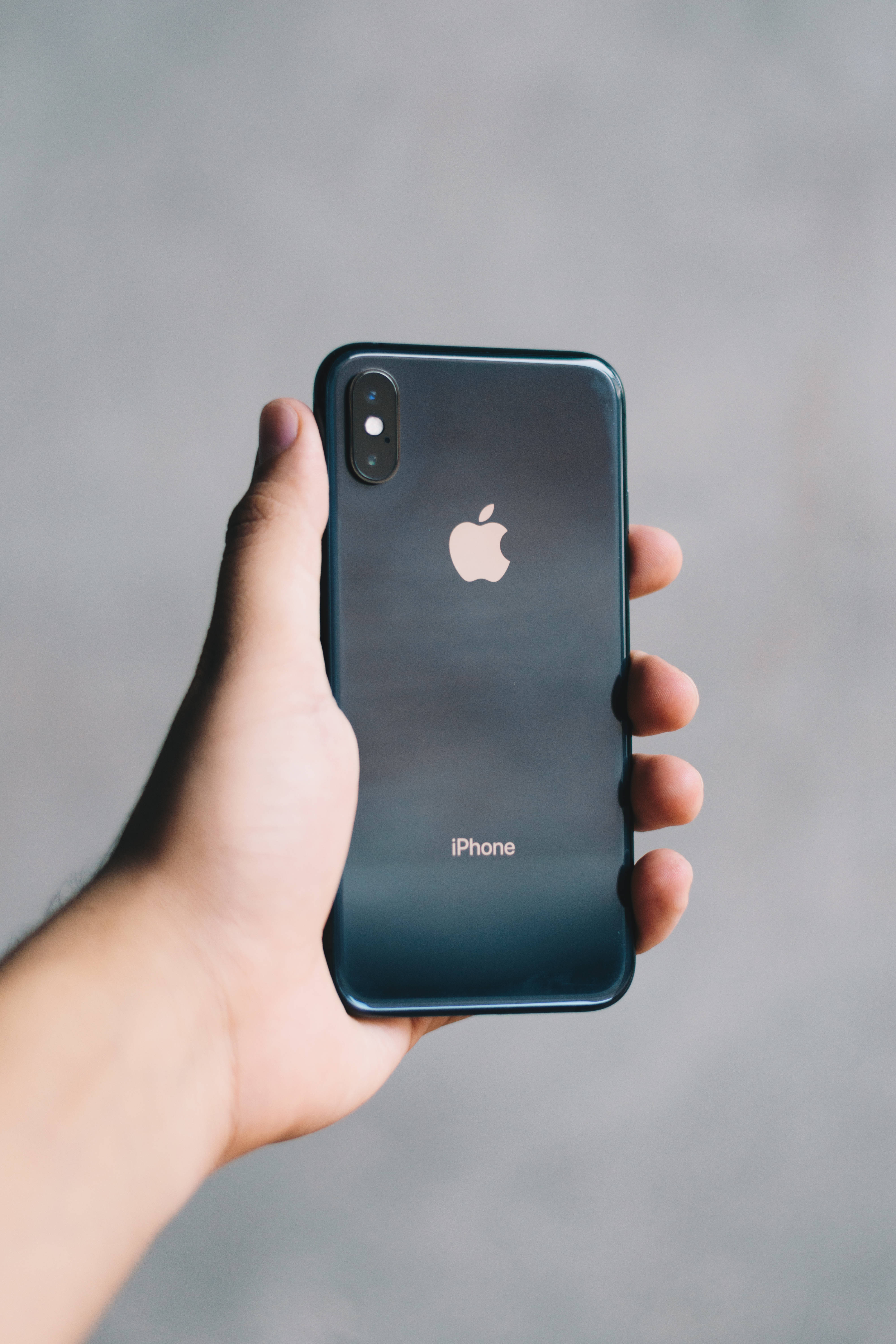 iPhone Xs, dark blue, soft gray background, 5K Phone Wallpaper