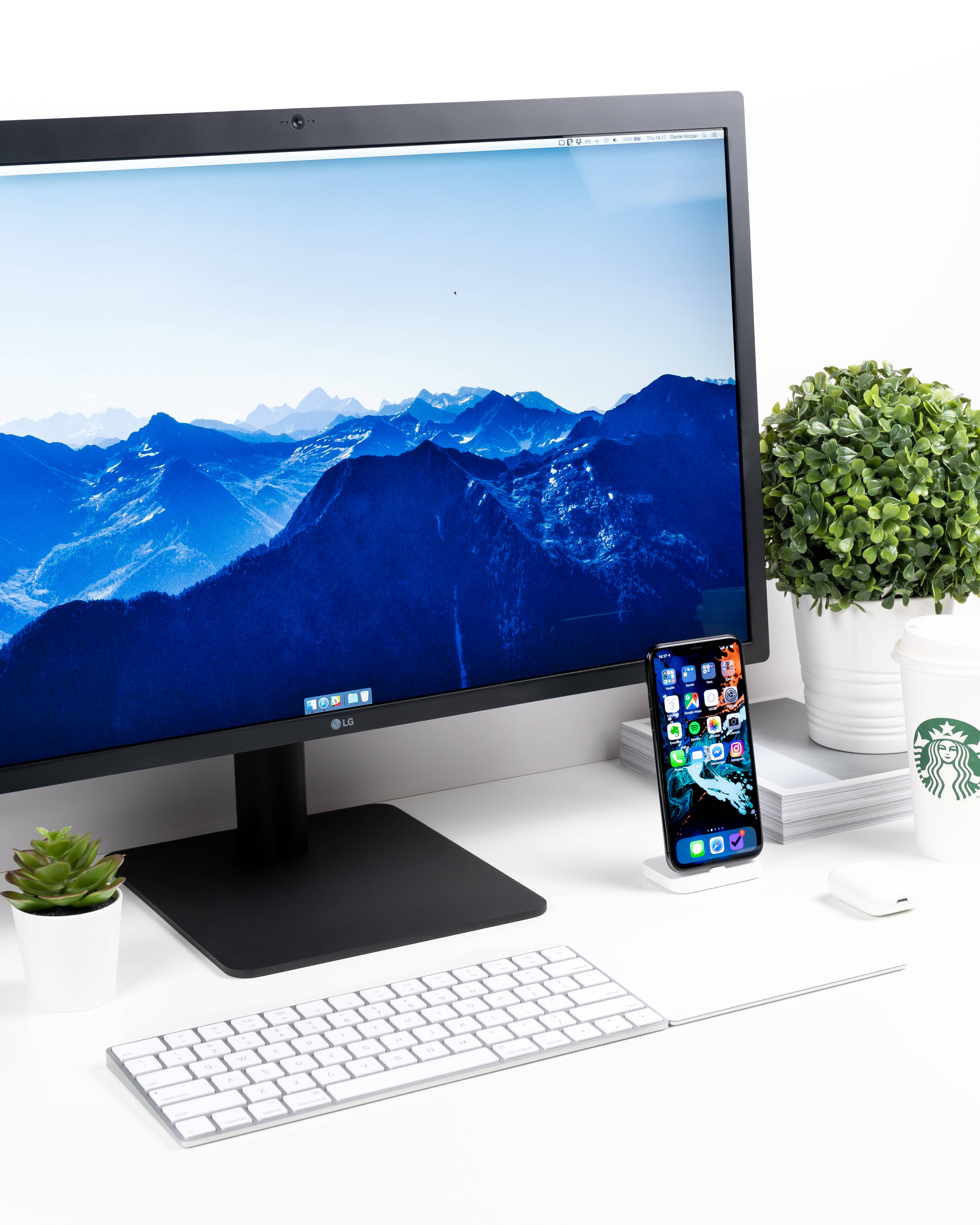 iPhone XS, white desk, blue mountain wallpaper, 4K Phone Wallpaper