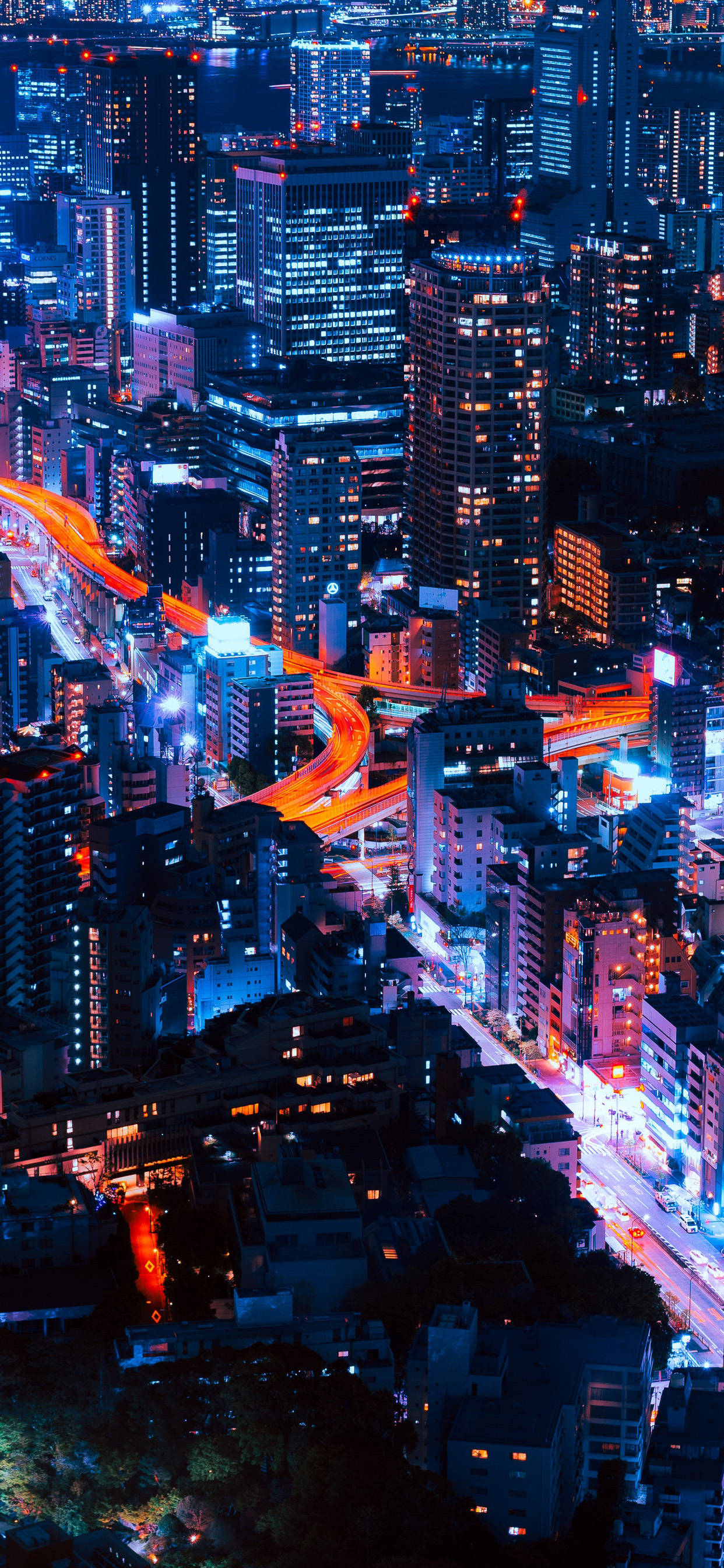 iPhone Xs, neon-lit cityscape, night, 2K Phone Wallpaper