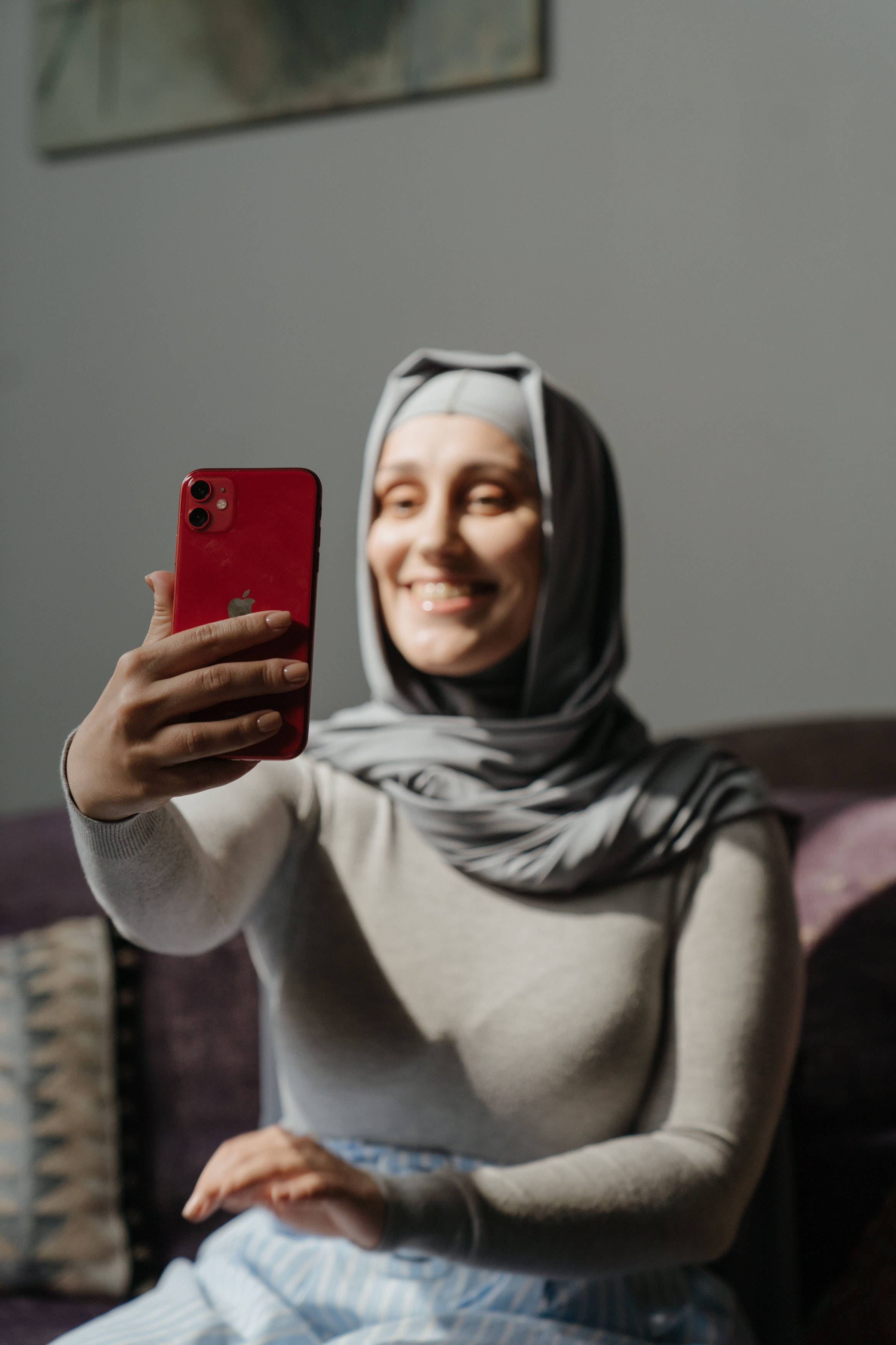 iPhone, red phone, grey hijab, 2K Phone Wallpaper