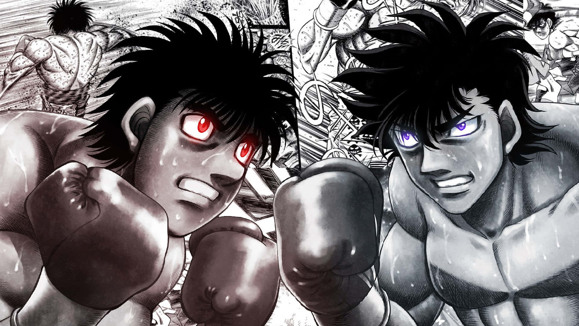 Ippo Makunouchi, glowing red and blue eyes, black and white manga-style, Full HD Desktop Wallpaper