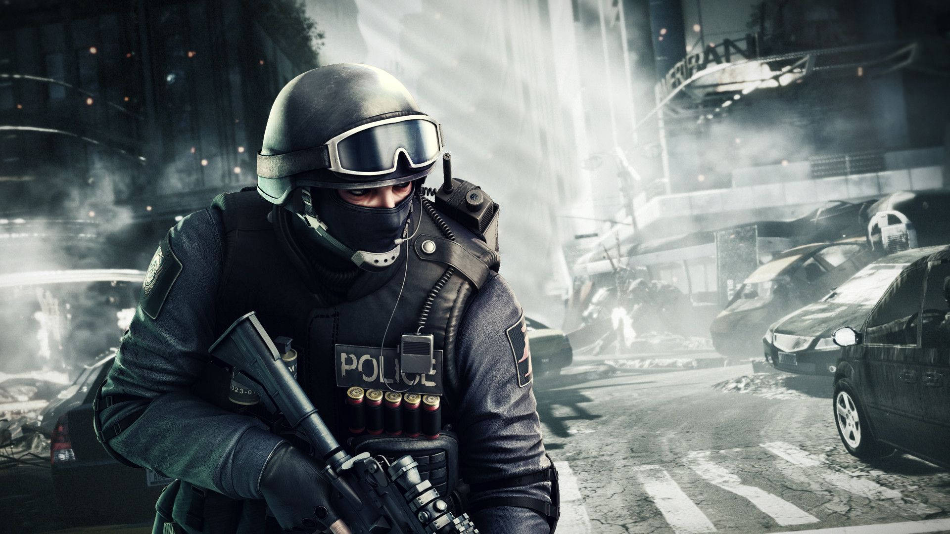 Light Smoke Police Desktop, tactical gear, smoky ruined city street, Full HD Desktop Wallpaper