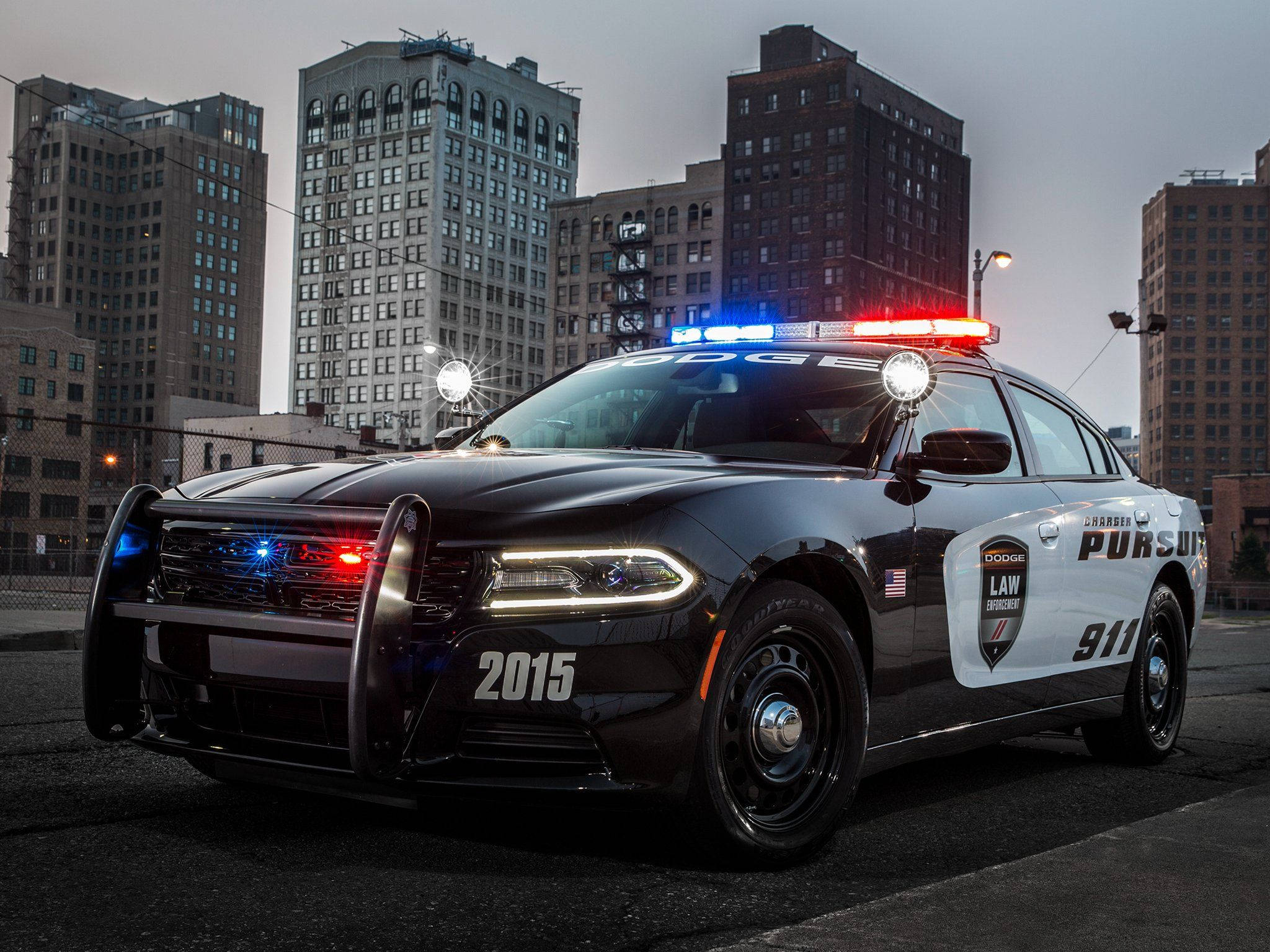 2015 Dodge Charger, black, flashing red and blue lights, Full HD Desktop Wallpaper