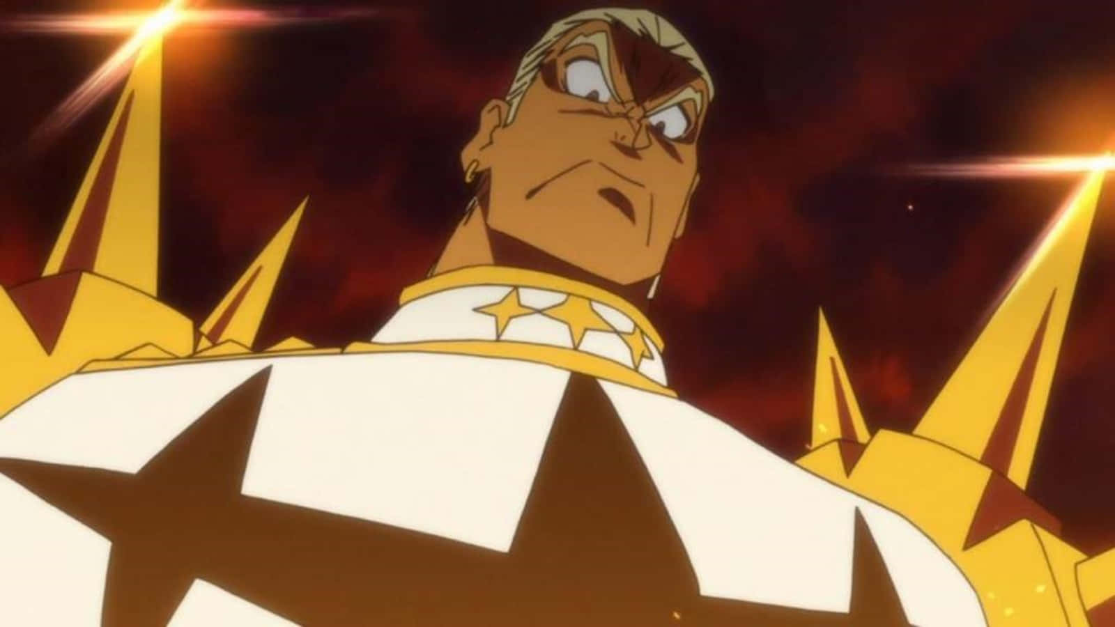 Ira Gamagoori, star-adorned uniform, fiery red and gold spiked background, HD Desktop Wallpaper