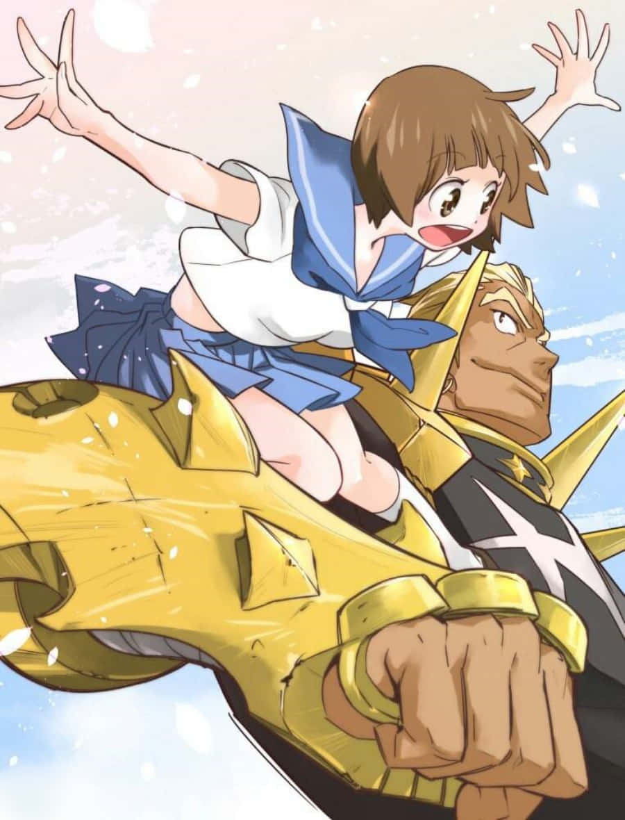 Ira Gamagoori, blue sailor uniform, muscular man in golden armor, SD Phone Wallpaper