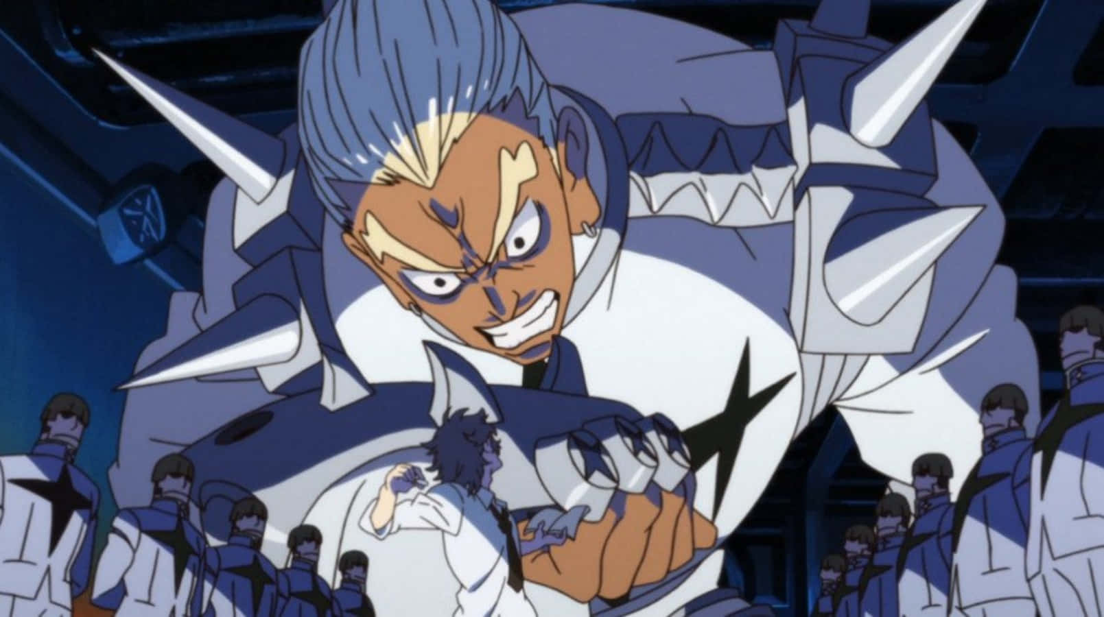 Ira Gamagoori, spiky blue hair, white and blue armored suit, HD Desktop Wallpaper