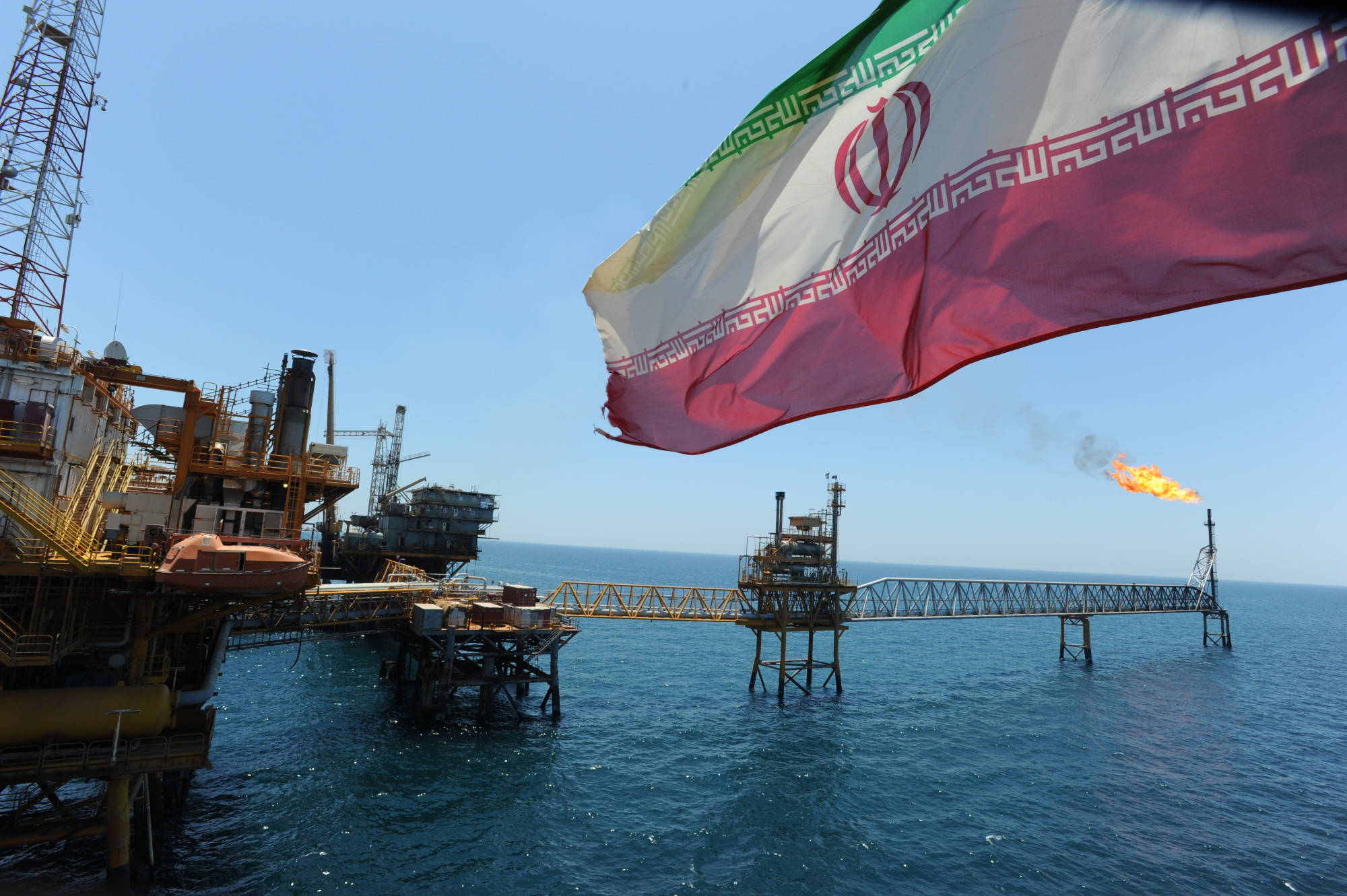 Iran flag, offshore oil platform, flame torch, Full HD Desktop Wallpaper