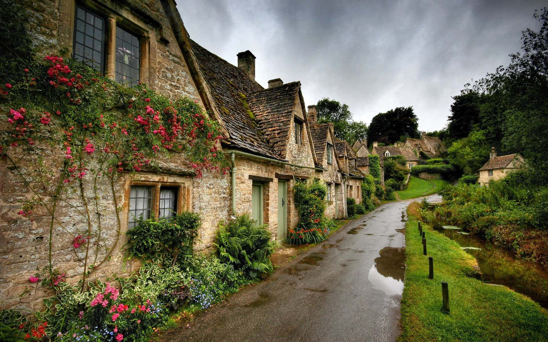 Ireland Desktop, cobblestone lane, stone cottages, Full HD Desktop Wallpaper