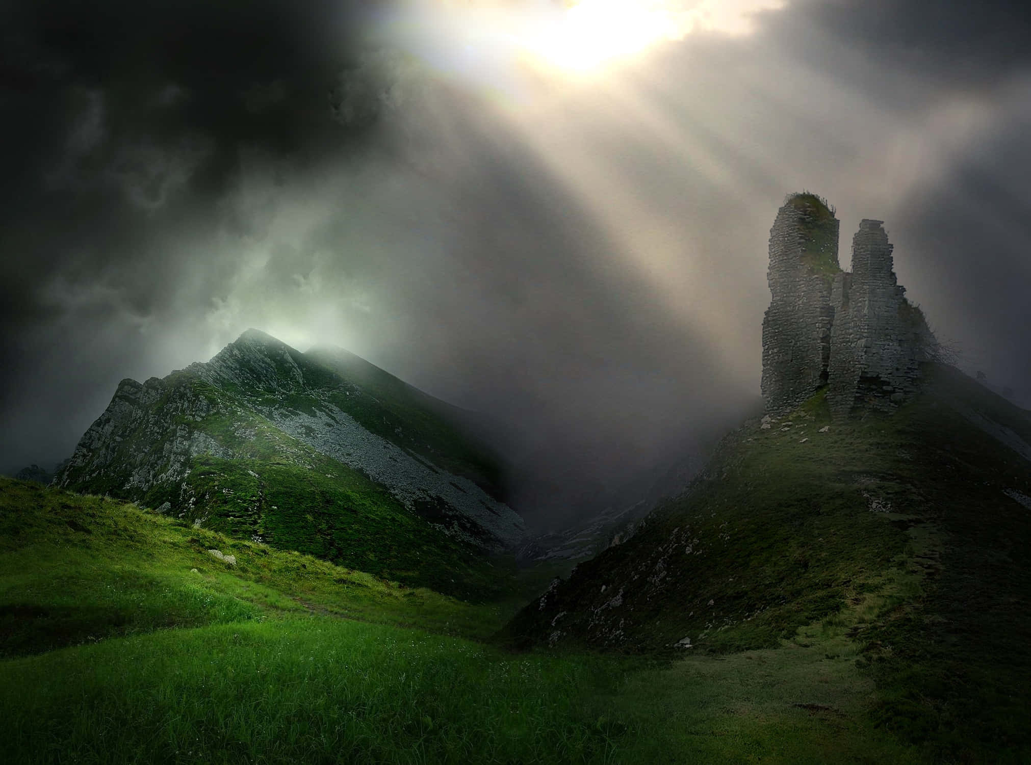 Ireland Desktop 2022, mossy mountain, ancient stone ruins, Full HD Desktop Wallpaper