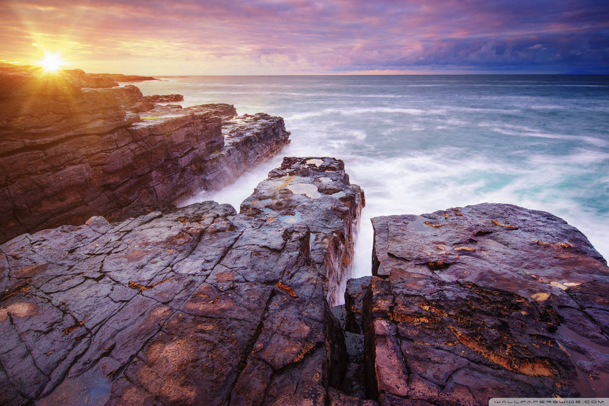 sunset, rocky ocean, Ireland, Full HD Desktop Wallpaper