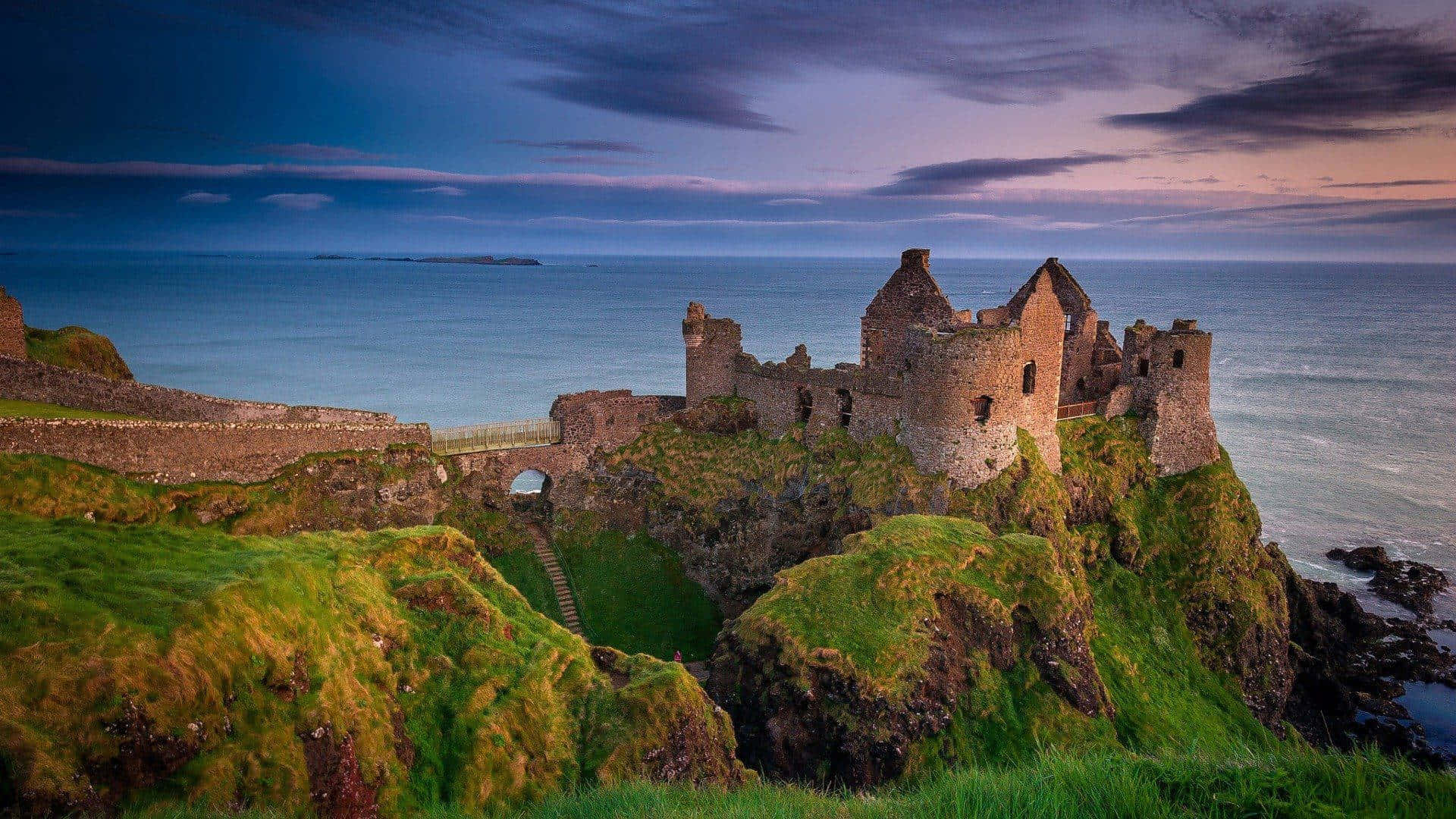 Ireland, castle ruins, grassy cliff, Full HD Desktop Wallpaper