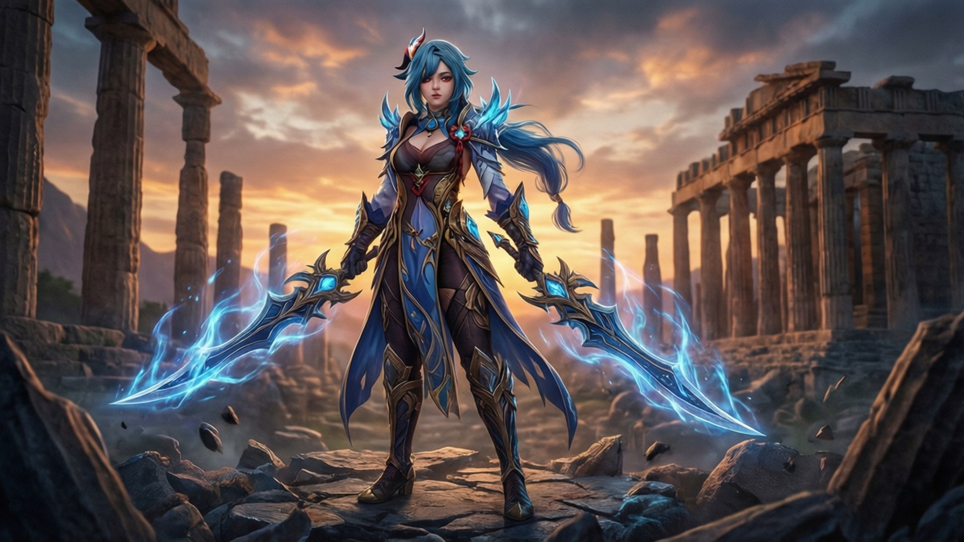 Irelia, ruined temple, sunset, Full HD Desktop Wallpaper