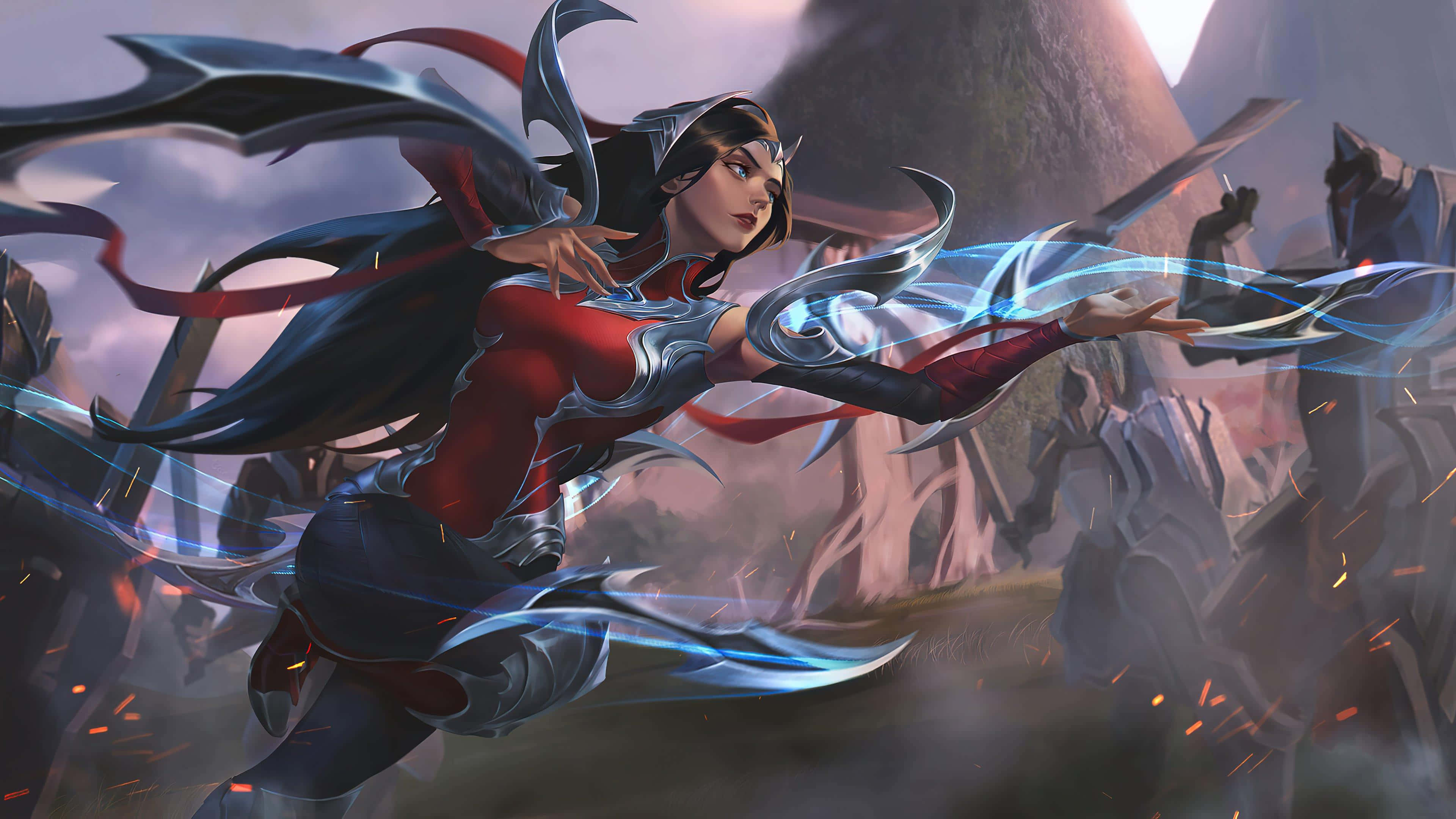 Irelia, red and silver armor, glowing blue energy, 4K Desktop Wallpaper
