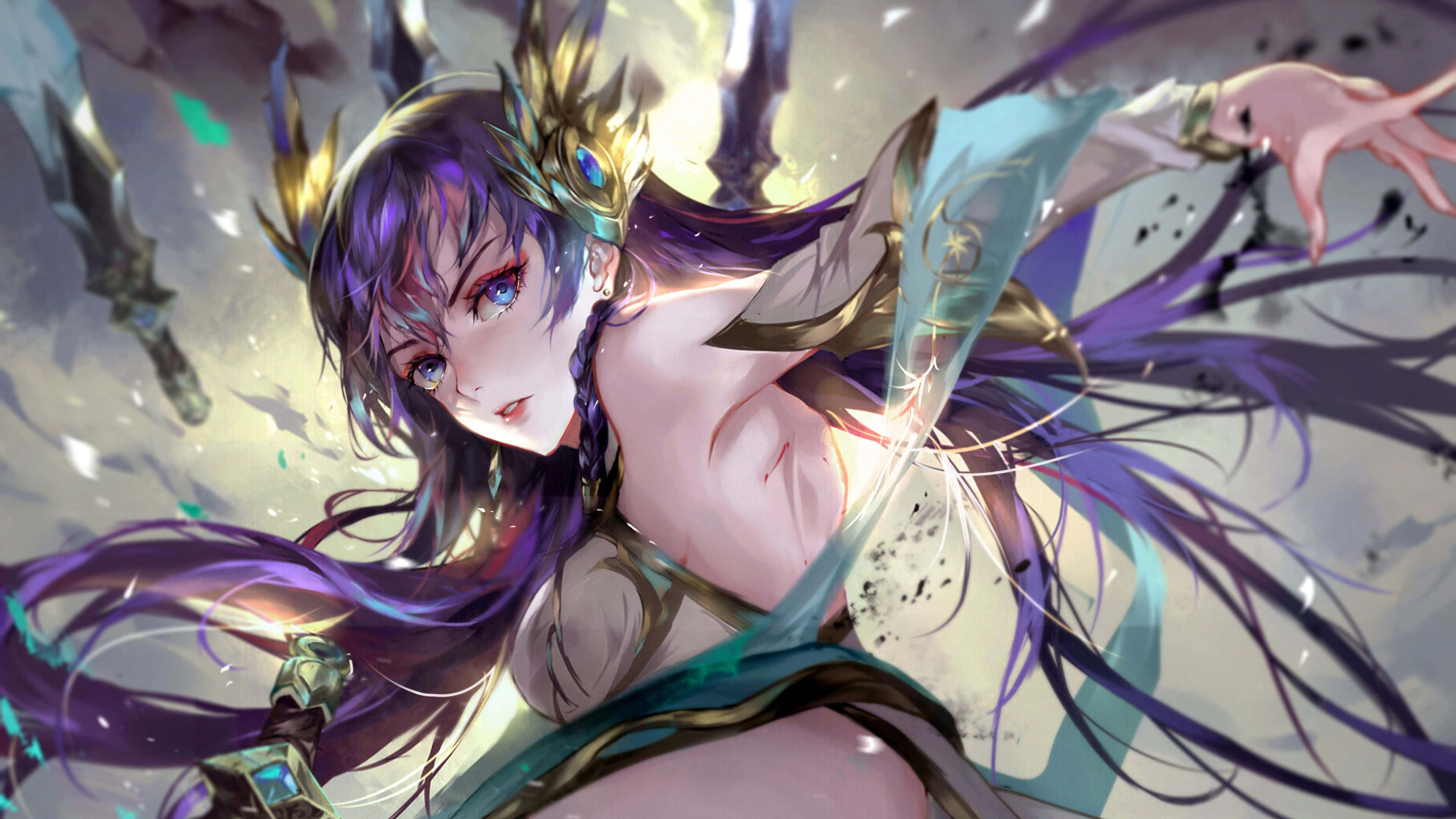 Irelia, purple hair, golden crown, 4K Desktop Wallpaper