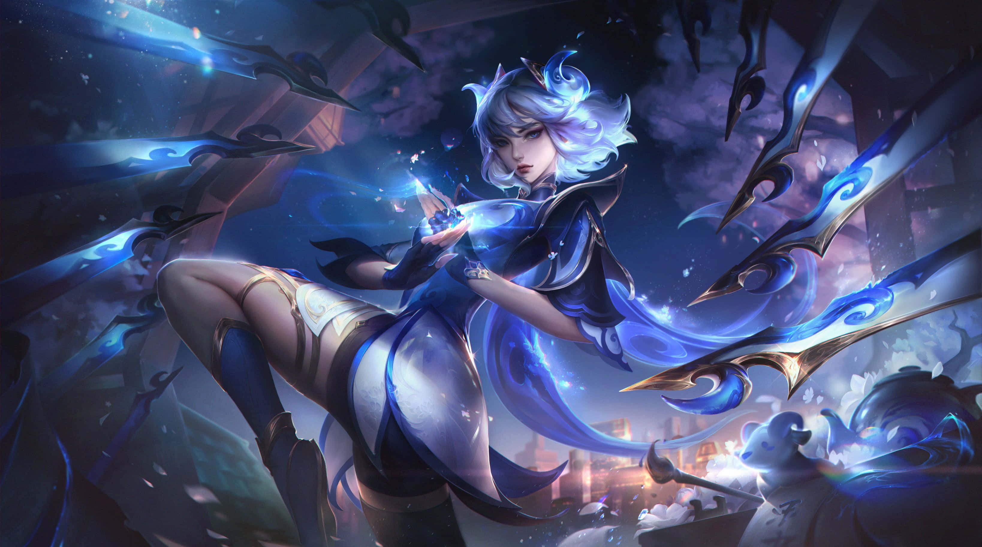 Irelia, blue-haired anime warrior, glowing magic, 2K Desktop Wallpaper