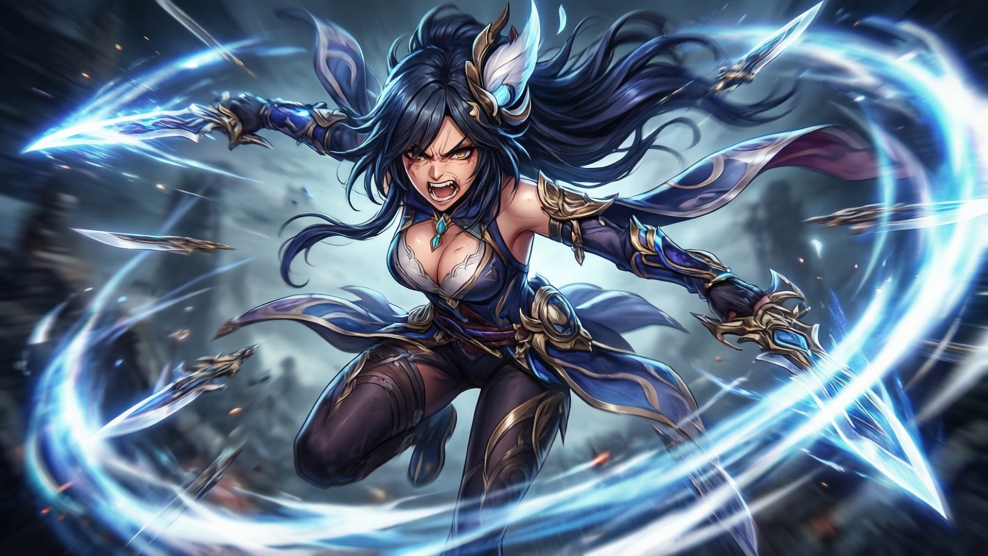 Irelia, surging blades, mid-air attack, Full HD Desktop Wallpaper