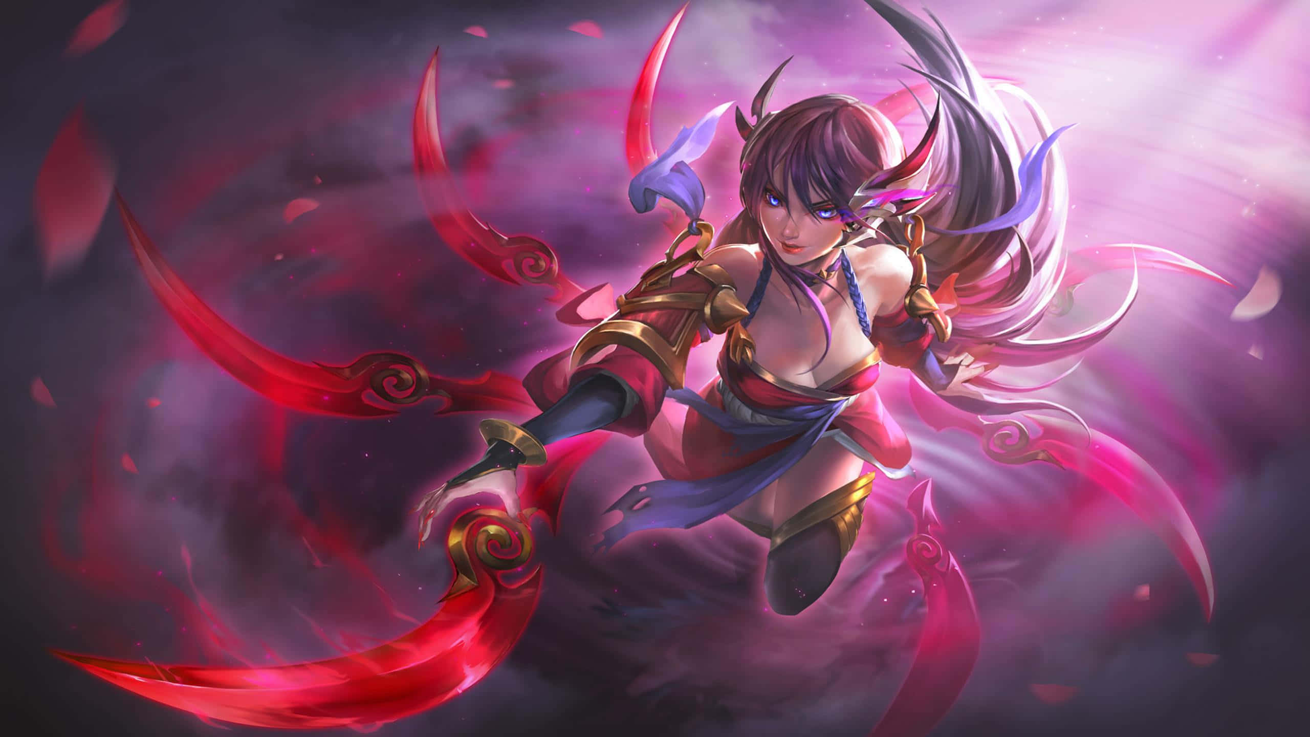 Irelia, red crescent blades, swirling pink and purple energy, 2K Desktop Wallpaper