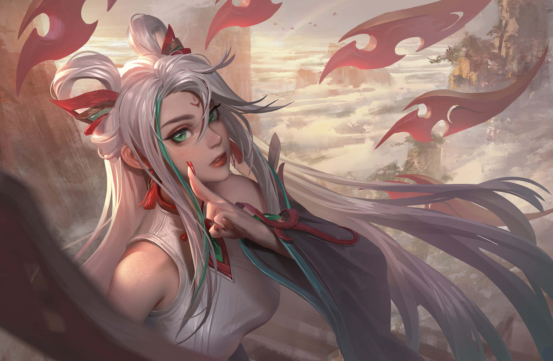 Irelia, silver hair, green eyes, Full HD Desktop Wallpaper