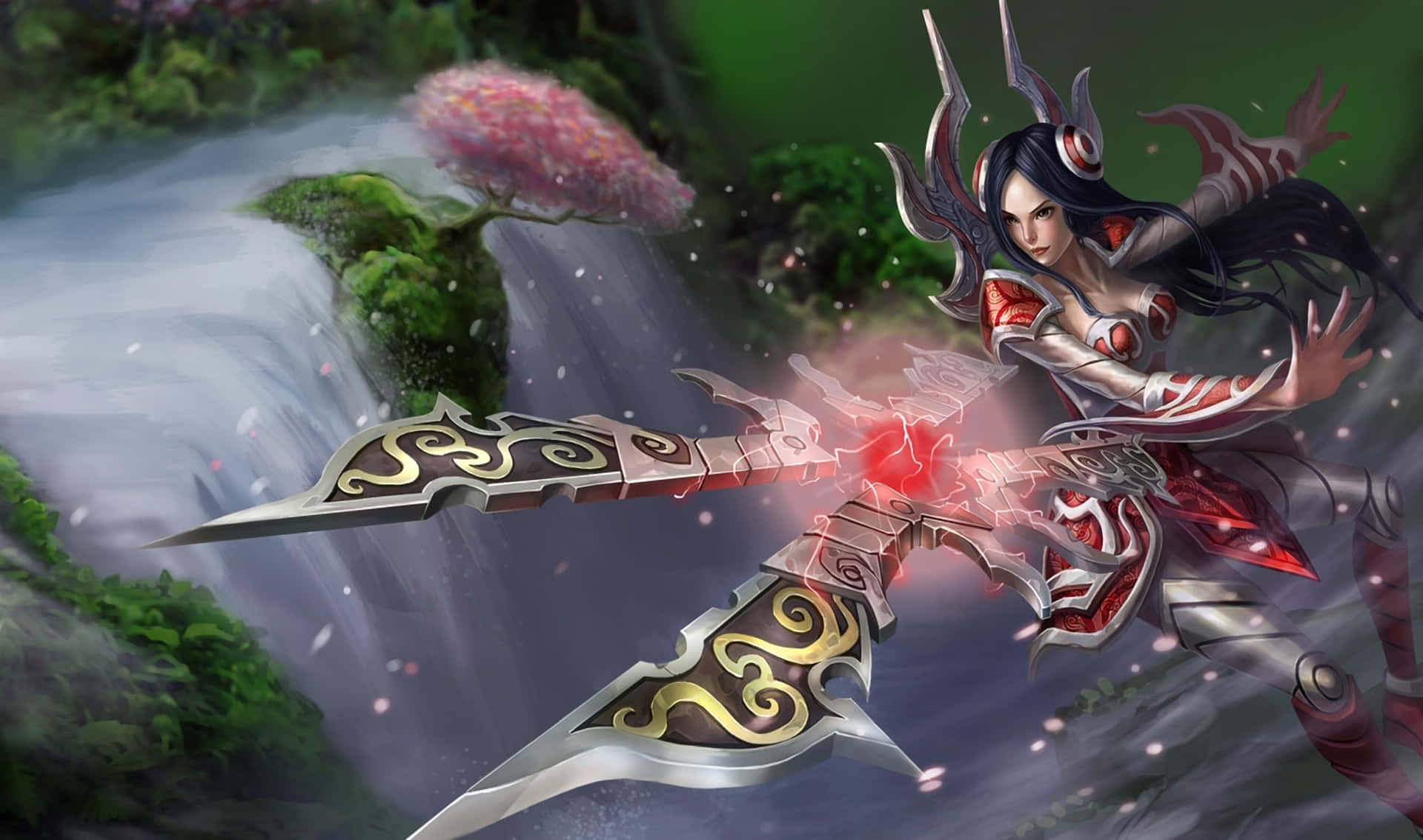 Irelia, battle dance, glowing red weapon, Full HD Desktop Wallpaper