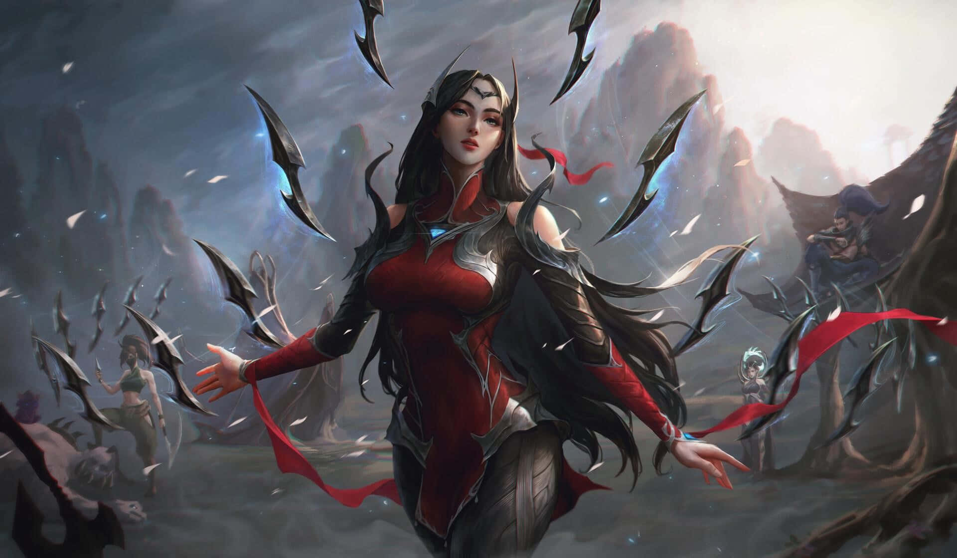 Irelia, red armor, floating blades, Full HD Desktop Wallpaper