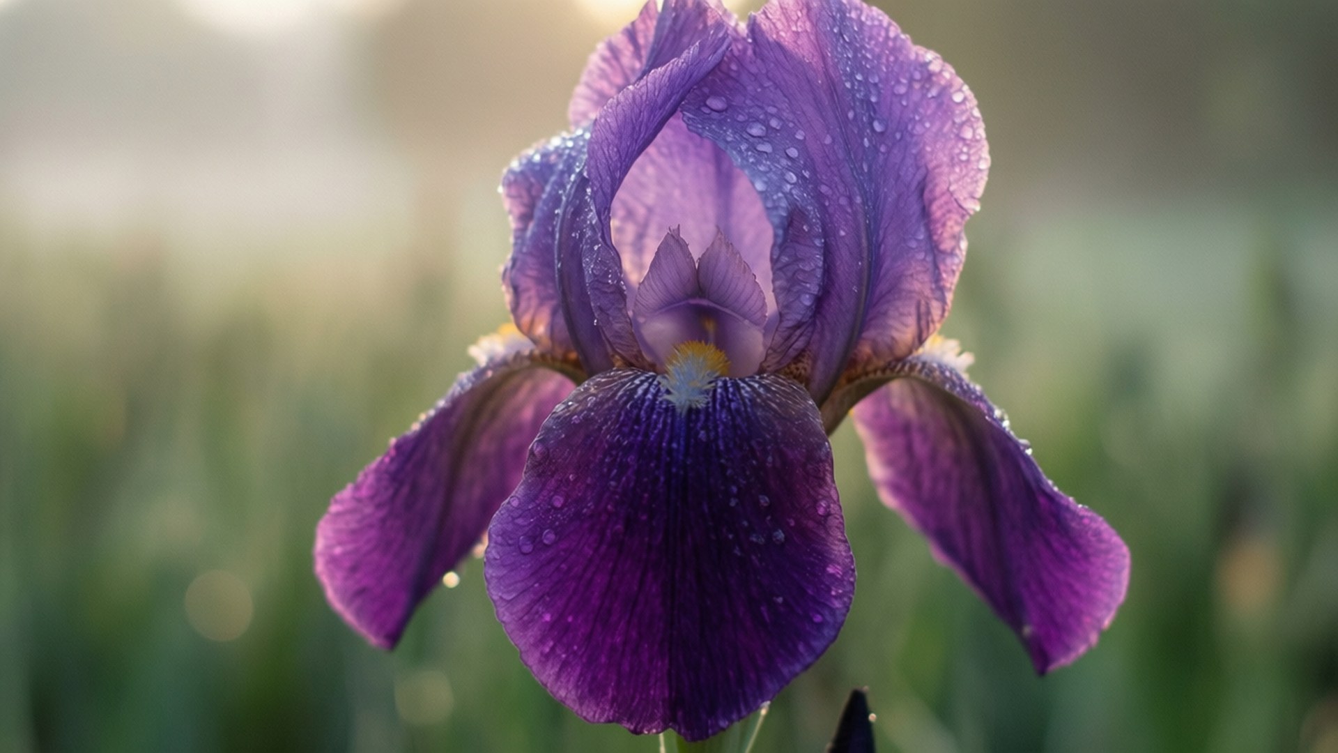 dewy purple iris, vibrant purple iris flower, dewdrops, Full HD Desktop Wallpaper