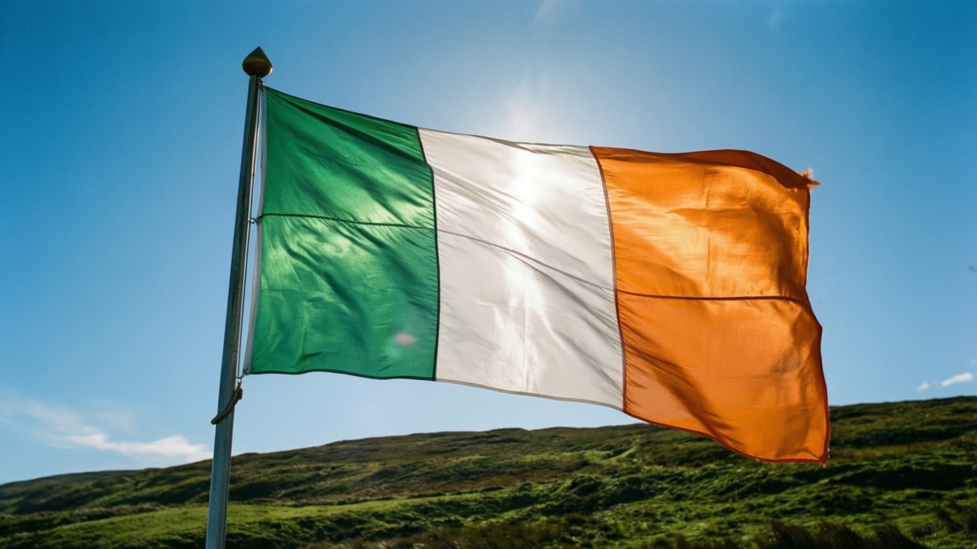 Irish flag, green white and orange vertical stripes, clear blue sky, Full HD Desktop Wallpaper