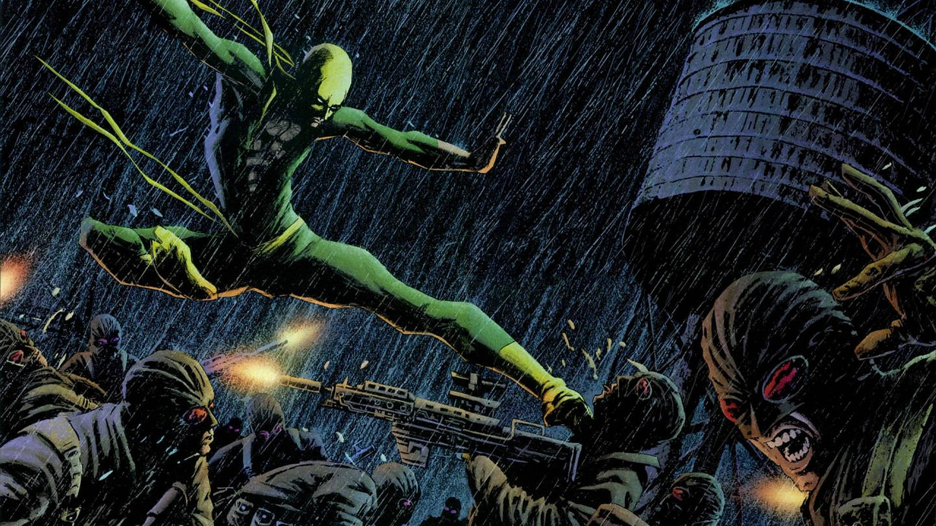 Iron Fist, green-suited superhero, glowing red eyes, Full HD Desktop Wallpaper
