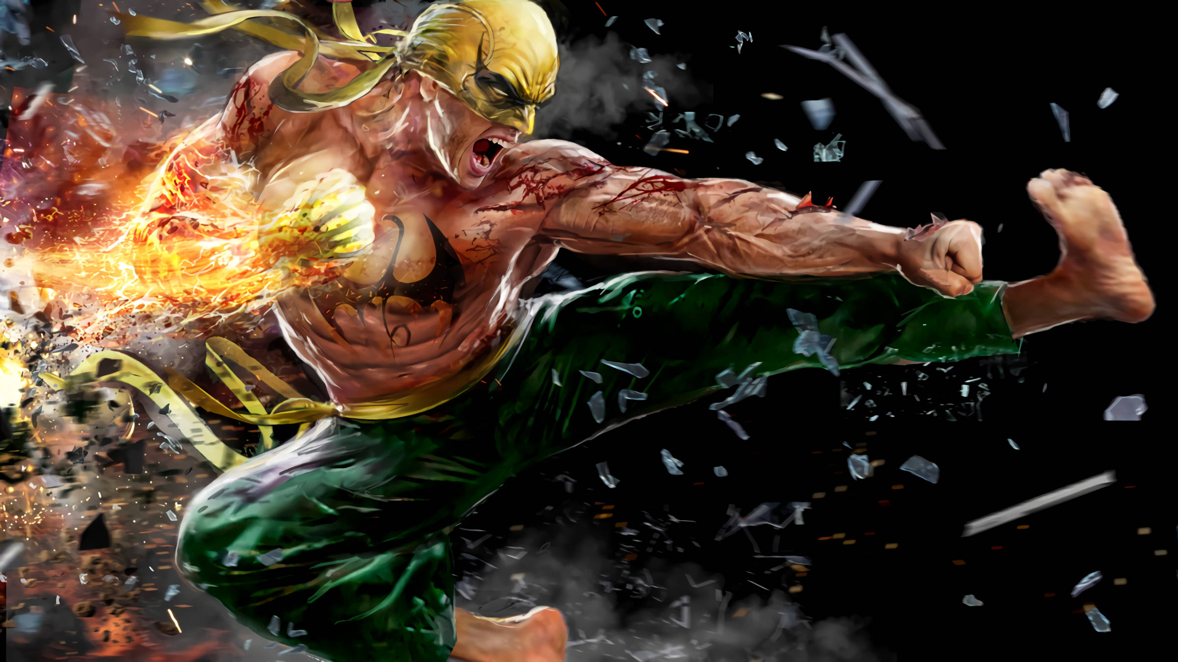 Iron Fist, green pants, yellow headband, Full HD Desktop Wallpaper