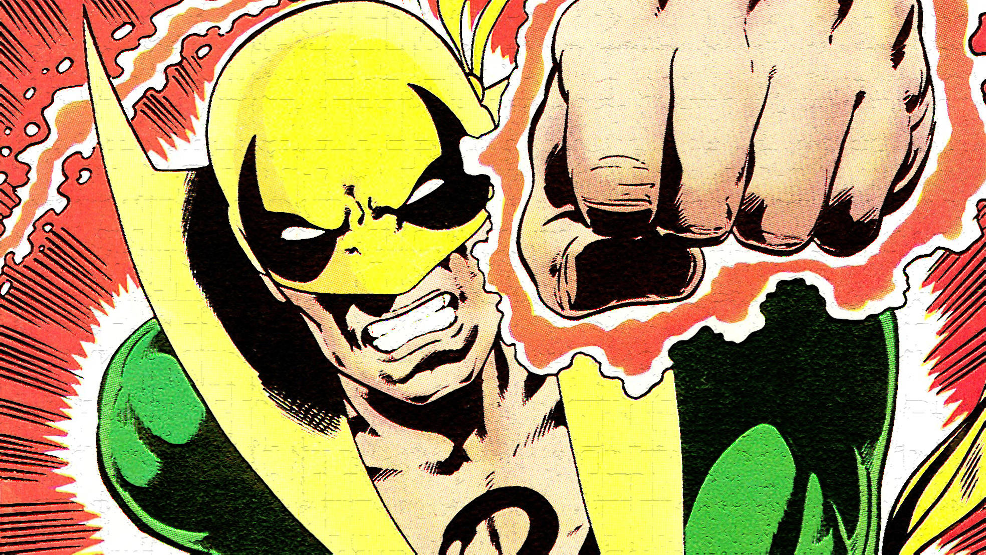 Iron Fist, yellow and green costume, explosive red and orange energy bursts, Full HD Desktop Wallpaper