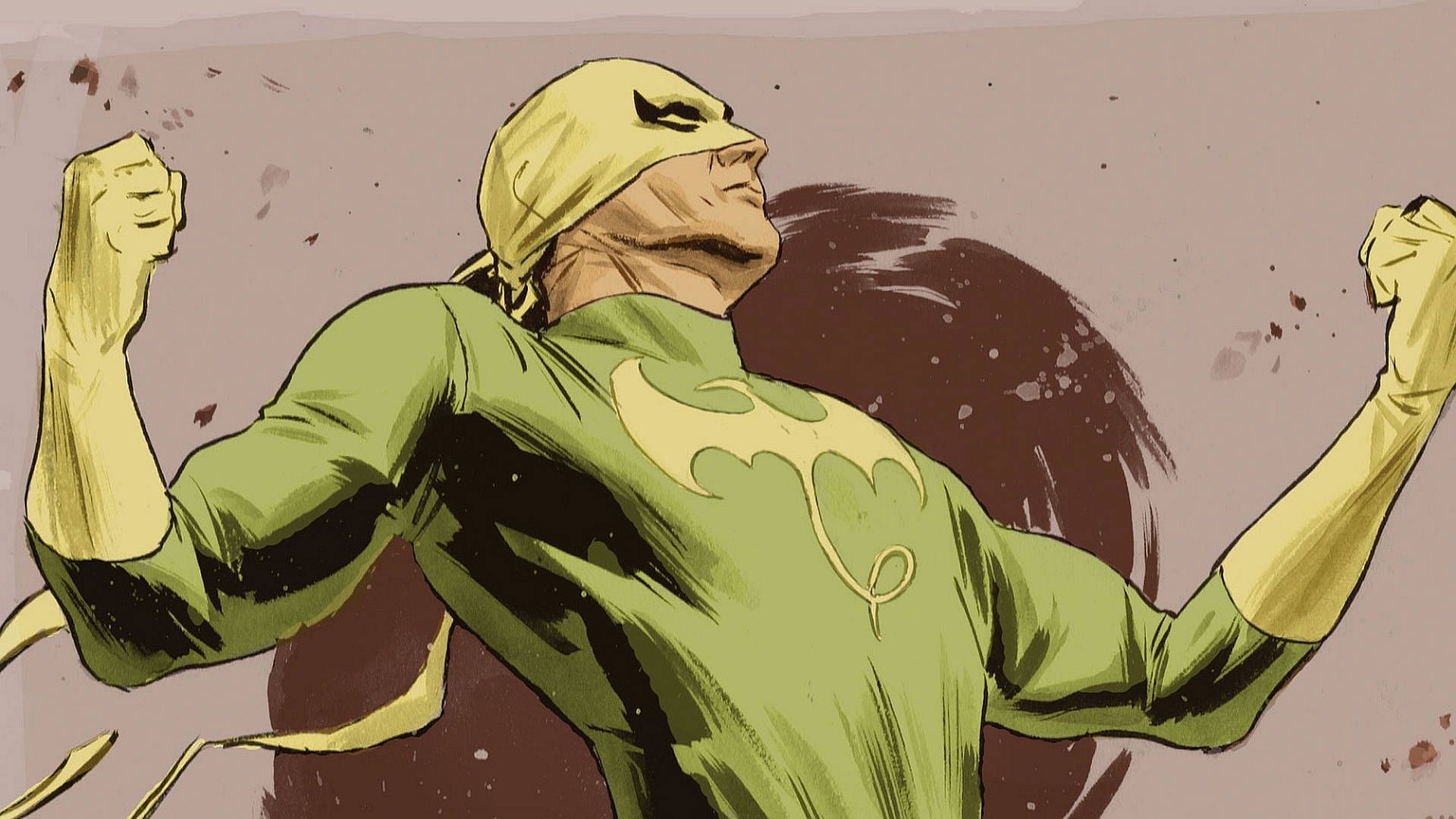 Iron Fist, green and yellow costume, muscular masked hero, Full HD Desktop Wallpaper
