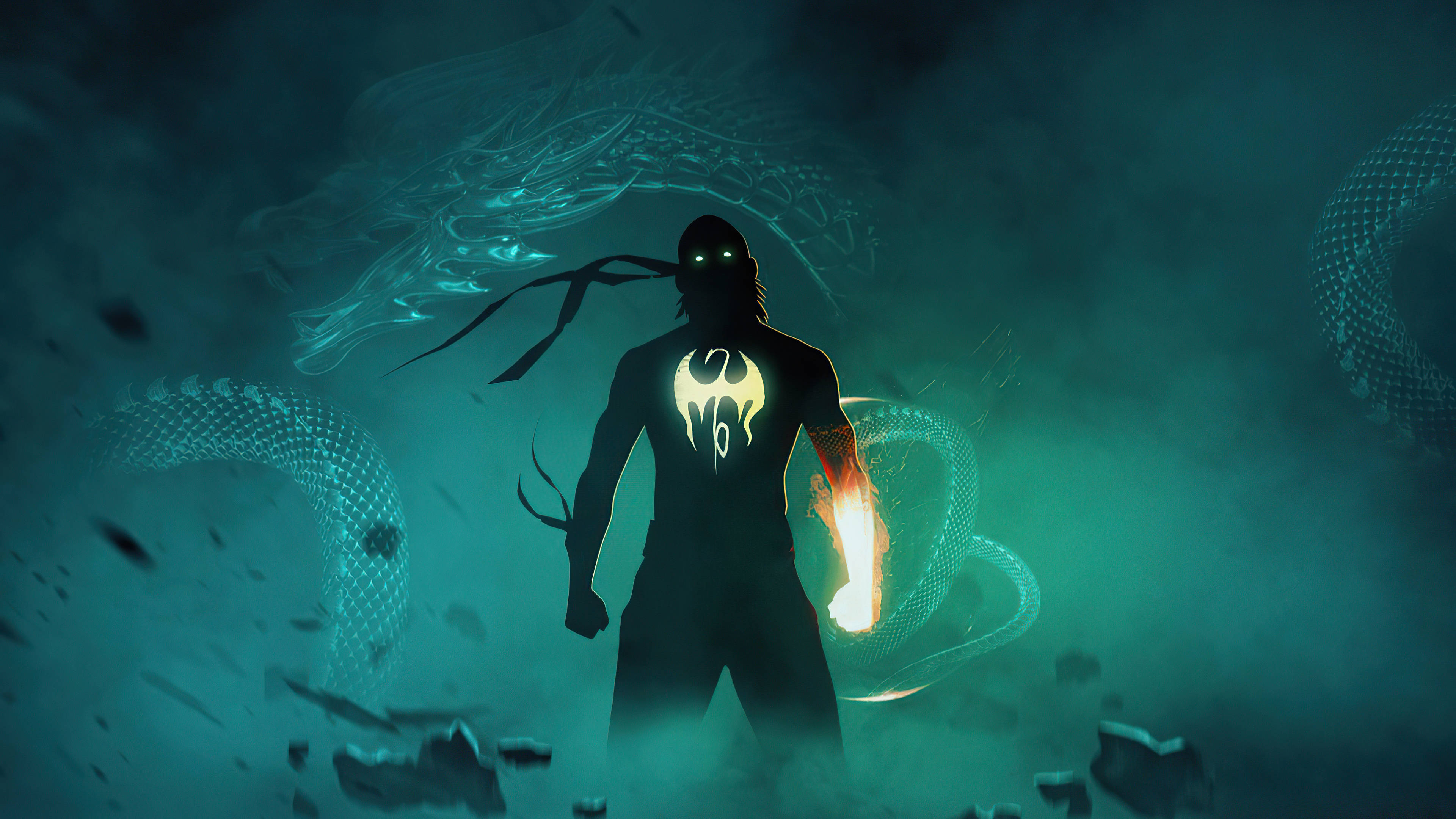 Iron Fist, glowing eyes, fiery hand, 4K Desktop Wallpaper